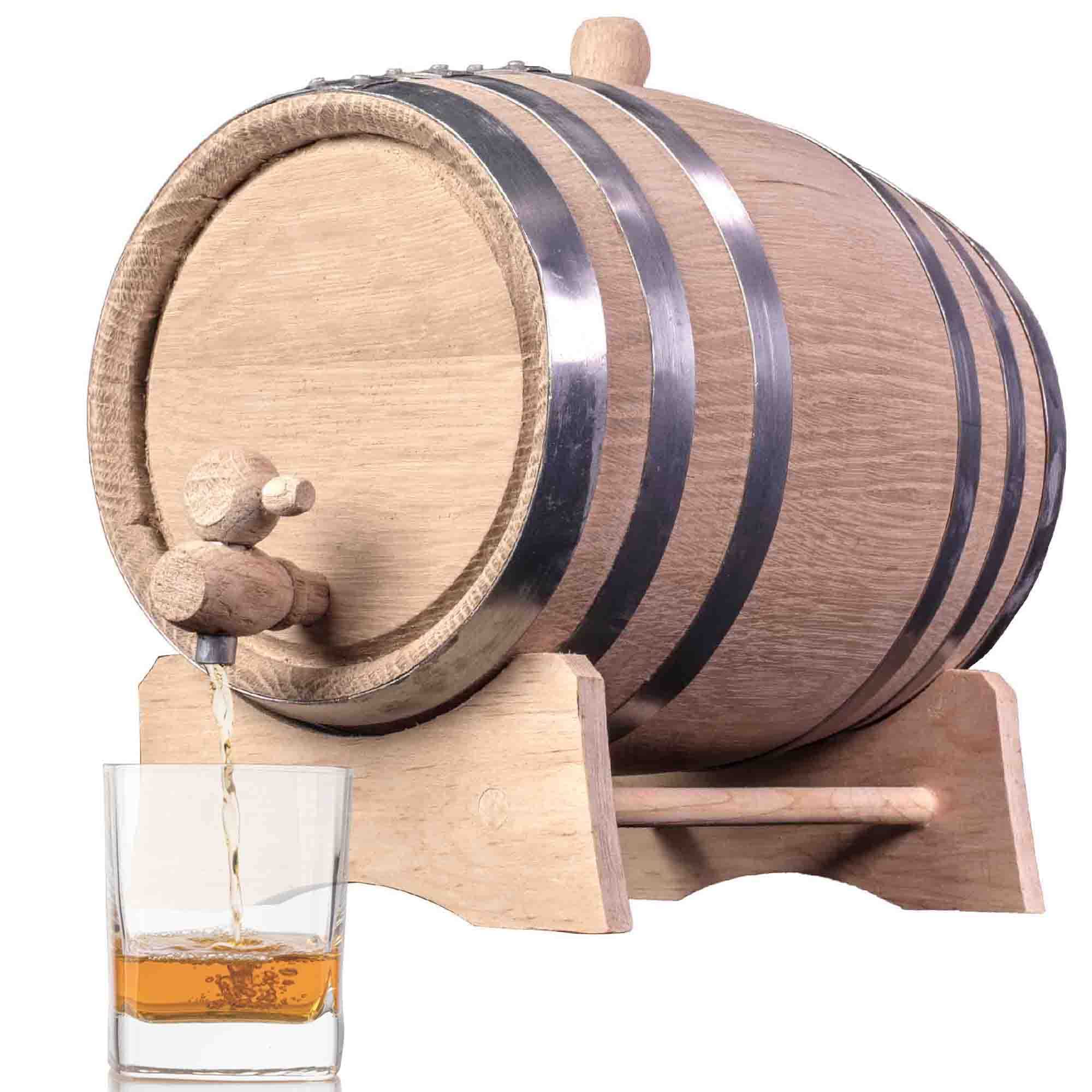3L Charred Oak Bourbon Whiskey Barrel with Wood Stand - Unvarnished Aging Barrel for Home Brewing, Distilling & Winemaking - Distillery Series with Steel Hoops, Bung & Spigot - Perfect for Crafting Small Batch Spirits, Aging Wine or Homemade Whiskey