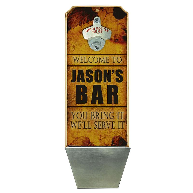 Custom Wooden Wall Mounted Bottle Opener with Cap Catcher - Rustic Home Bar Decor for Kitchen, Man Cave & Outdoor Entertaining