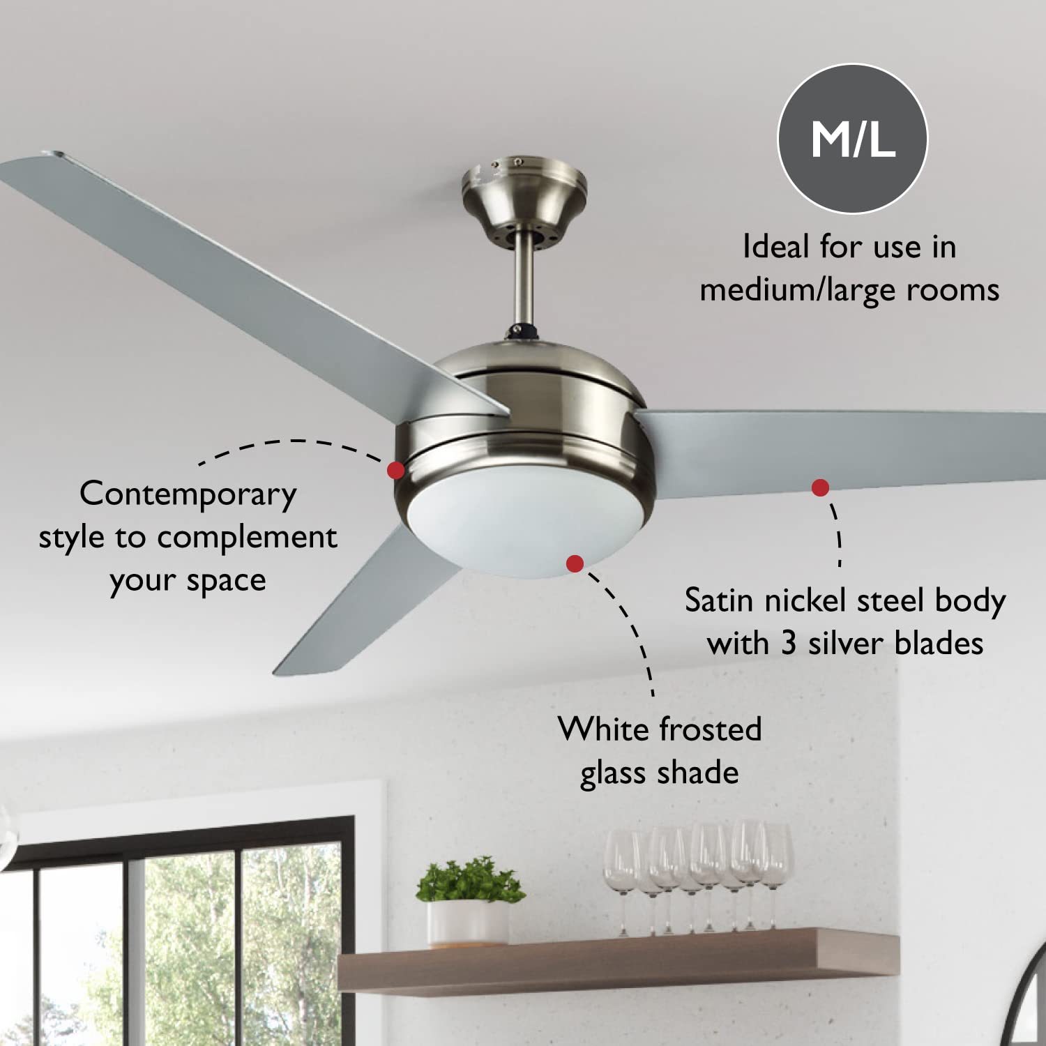 Design House 157339 Treviento 52-Inch Indoor Ceiling Fan with Light Kit in Satin Nickel Finish - Perfect for Living Room, Bedroom, and Office Spaces