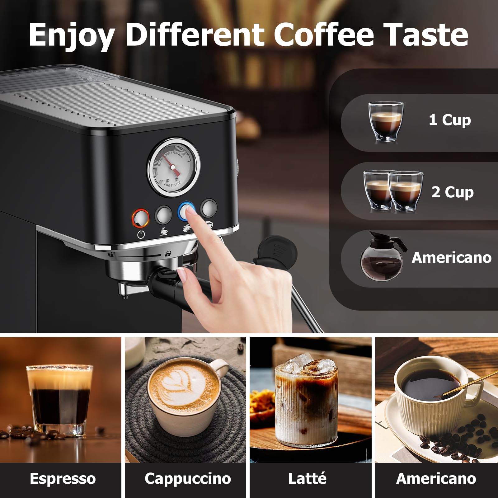 KOIOS 20 Bar Semi-Automatic Espresso Machine with Milk Frother - Professional Home Coffee Maker for Espresso, Cappuccino & Latte - 58oz Removable Water Tank (Black) - Perfect for Home Baristas & Coffee Lovers