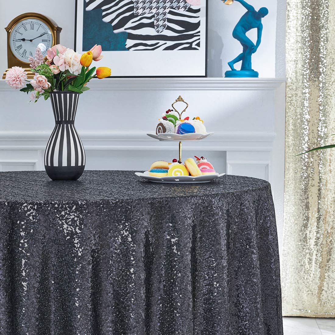 120 Inch Round Black Sequin Tablecloth - Glitter Party Table Cover for Weddings, Bridal Showers, Birthdays, Banquets & Dessert Tables | Elegant Event Decor