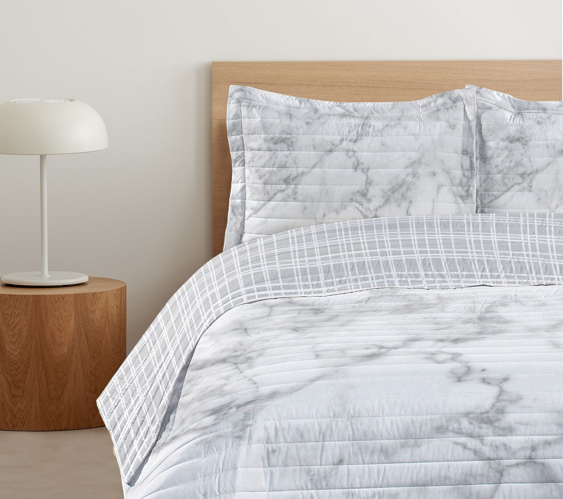 Ambesonne Reversible Queen Size Bedspread Set with Pillow Shams - Nature Inspired Marble Granite Print, Cloudy Spotted Stone Design in Pale Grey - Soft Microfiber Bedding for Cozy Bedroom Decor & Guest Room Makeover