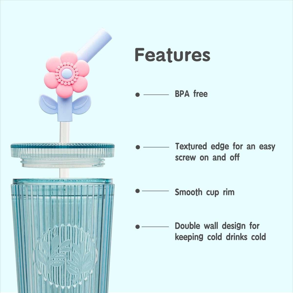 26oz Insulated Tumbler with Straw & Leak-Proof Lid - Cute Flower Silicone Straw Tips in Botanica Blue - Perfect for Iced Coffee, Smoothies & Outdoor Activities