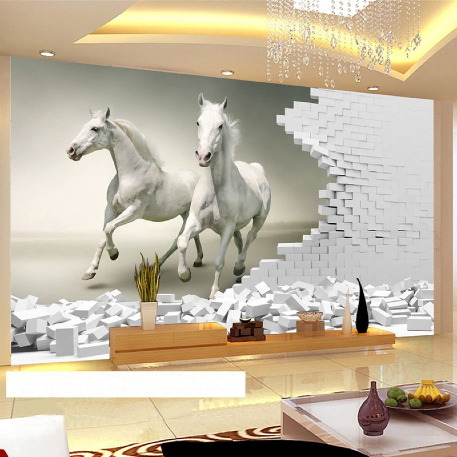 3D Stereoscopic White Horse Breaking Brick Wall Mural - Large Panoramic Wallpaper for Living Room & Bedroom - 157.5