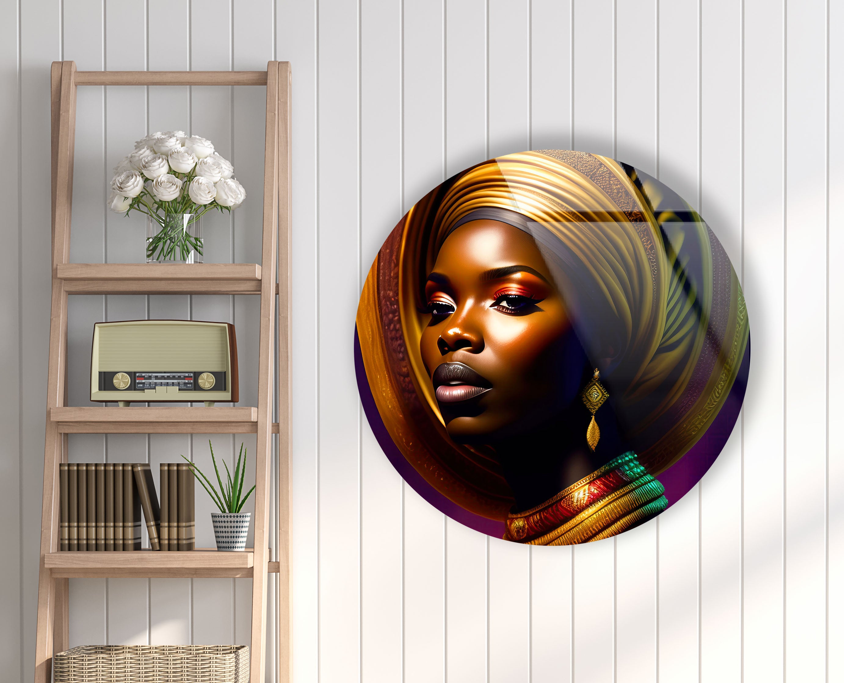 African Woman Portrait Wall Art - Bold Round Glass Print with Golden Headwrap for Modern & Cultural Home Decor | Perfect for Living Room, Bedroom & Office Wall Decor