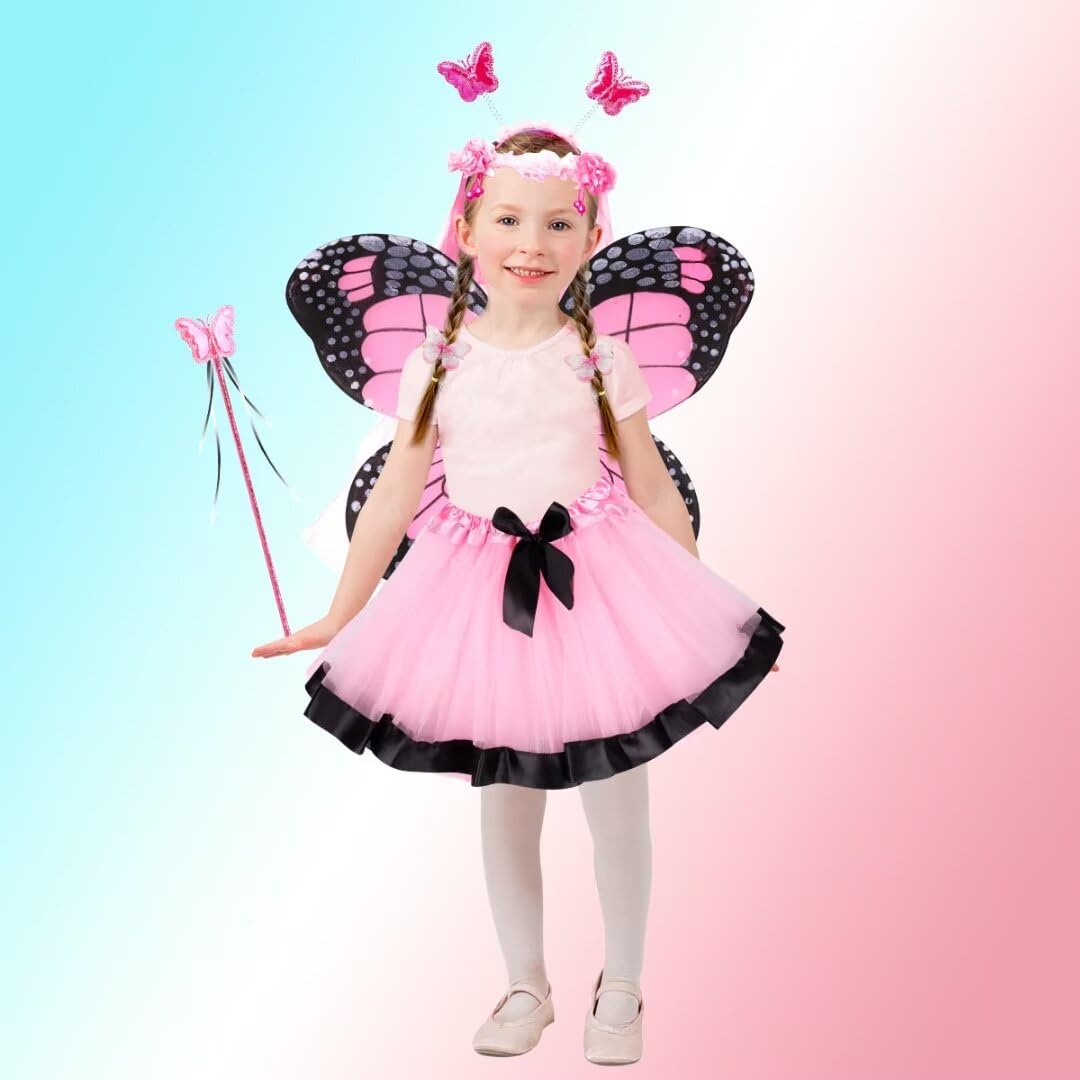 WILDPARTY Fairy Costume Set for Kids Age 3-8 - Butterfly Wings, Tutu Dress, Hair Clips, Magic Wand & Accessories - Perfect for Halloween, Dress-Up Parties & Fantasy Play