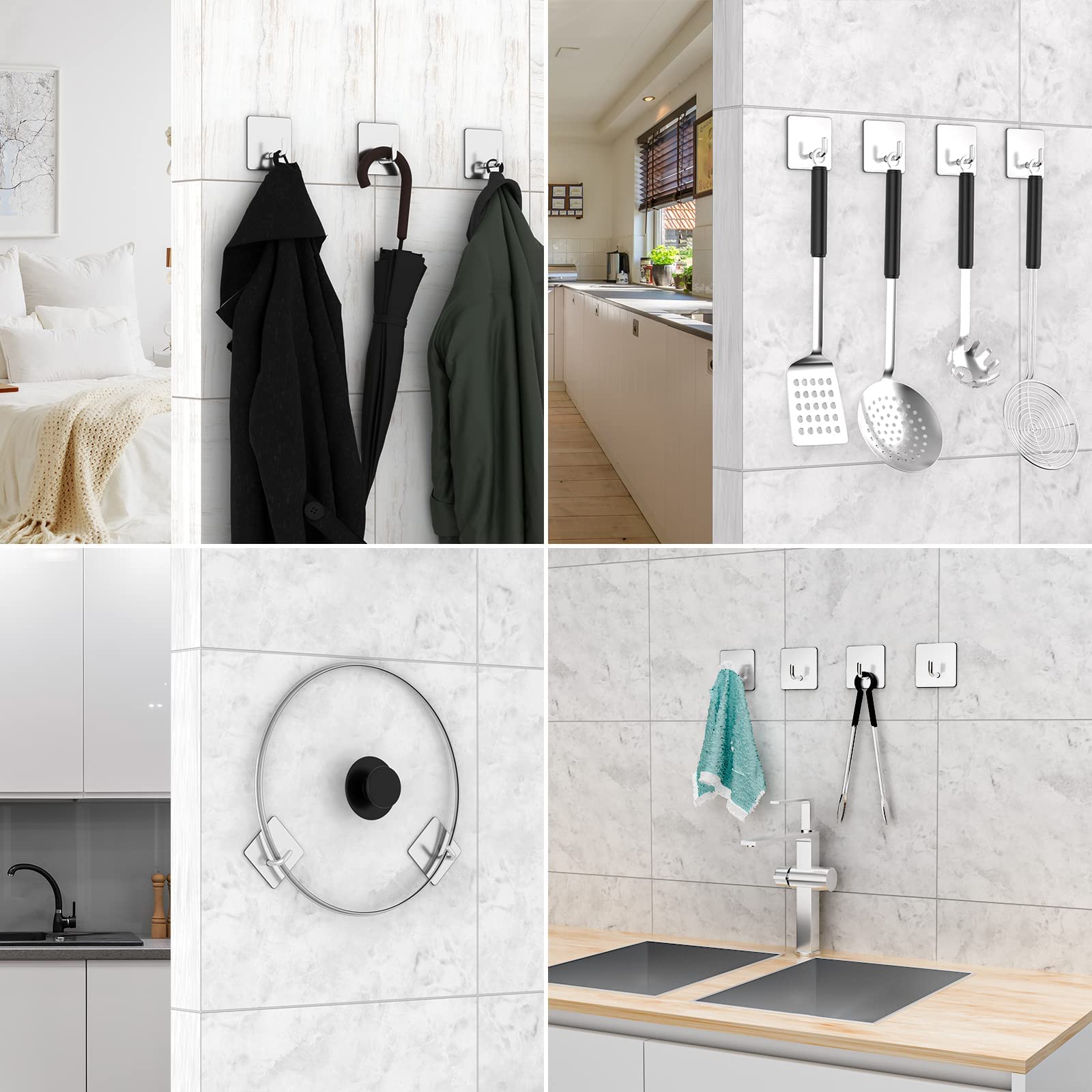 Stainless Steel Adhesive Hooks - 4 Pack Waterproof Wall Hooks for Towels, Hats & Coats - Perfect for Bathroom, Kitchen & Entryway Organization