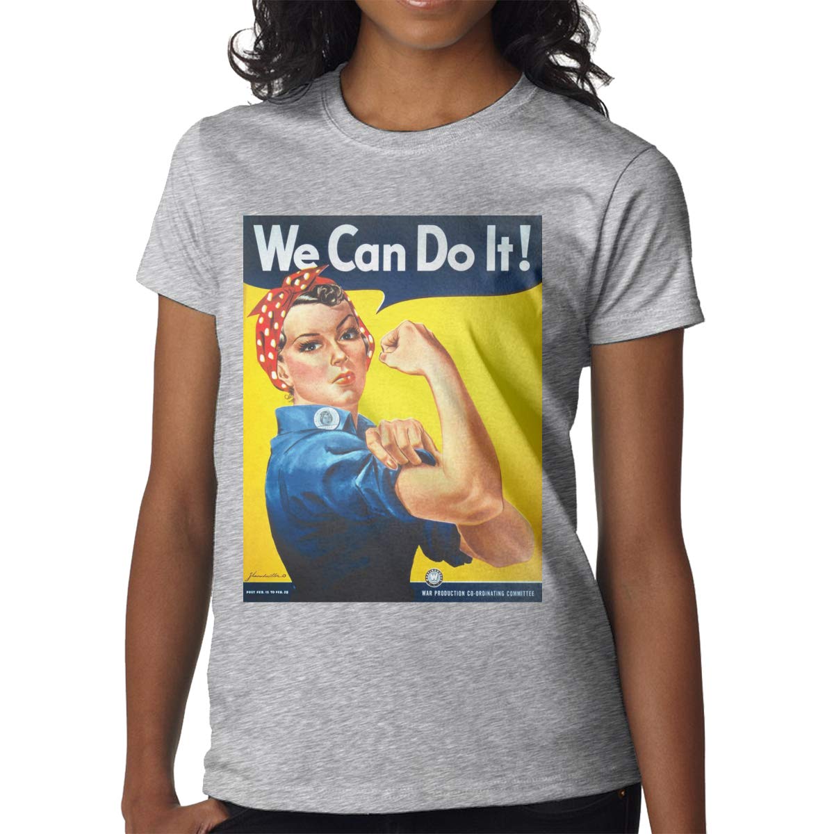 Empowering Women's 'We Can Do It' Vintage Poster Graphic T-Shirt - Summer Short Sleeve Tee for Casual Wear & Feminist Events - Soft Gray Cotton Top