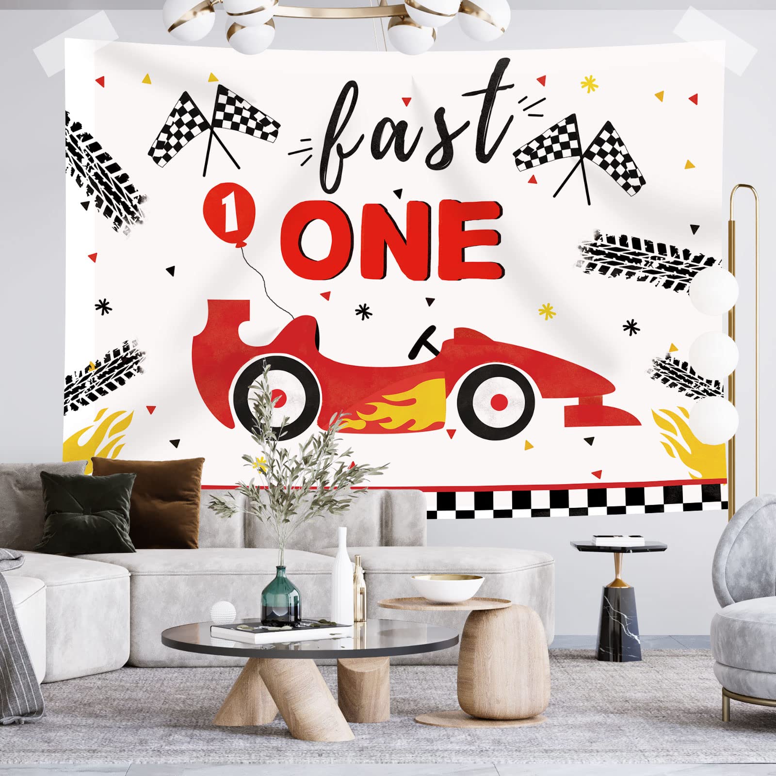 Fast One Racing Car 1st Birthday Backdrop - 7x5ft Happy First Birthday Party Decorations for Boys Kids - Photography Background, Cake Table Banner, Photo Booth Props - Perfect for Birthday Parties, Studio Photography & Baby Showers