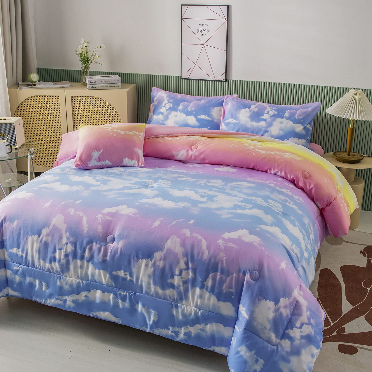 PERFEMET White Cloud Print Girls Comforter Set Queen Size 6 Pieces - Tie Dye Rainbow Bedding Set for Teen Girls - Includes Comforter, Sheets & Pillowcases - Perfect for Dorm Rooms, Sleepovers & Birthday Gifts