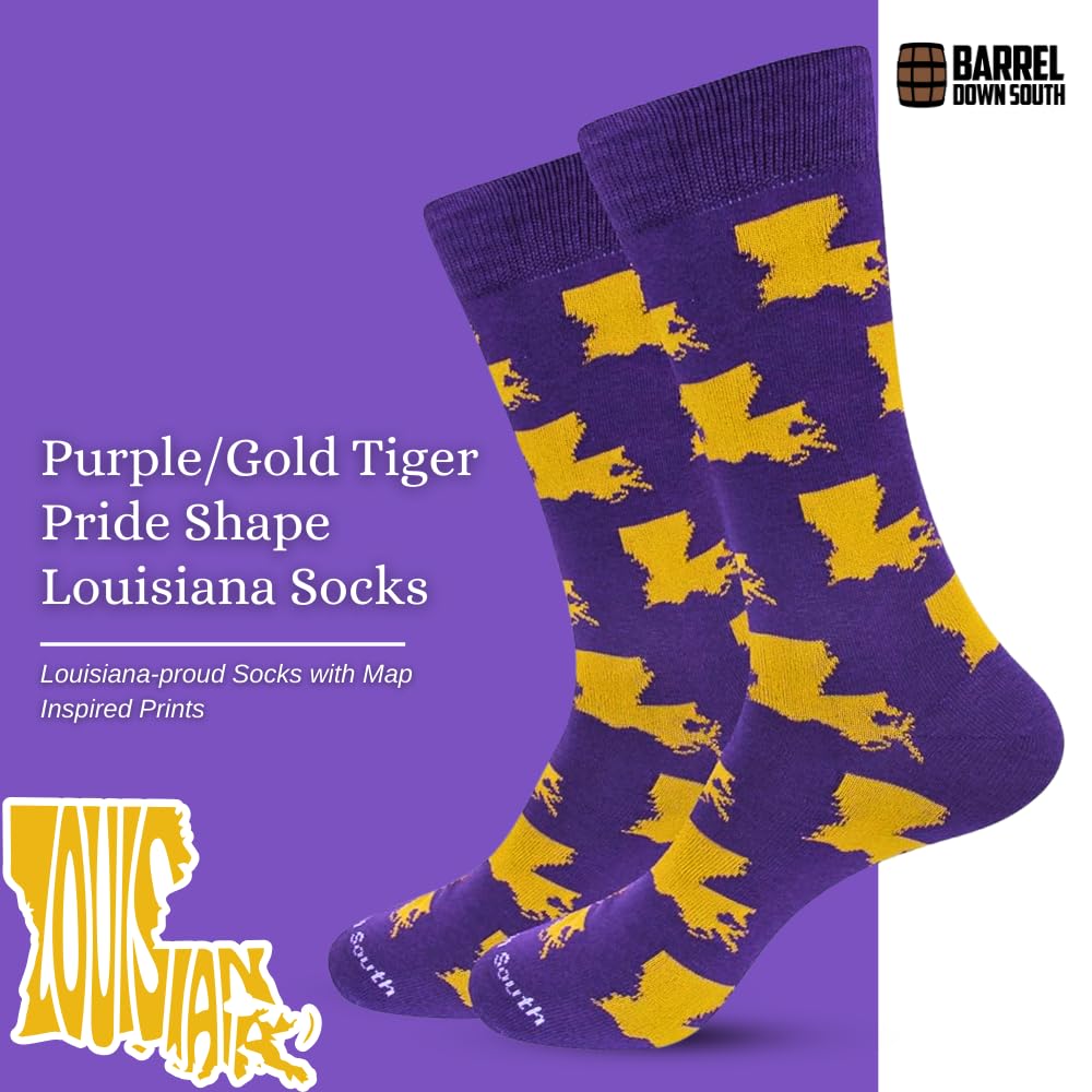 Louisiana Map Pattern Socks for Men - Purple & Gold Novelty Cotton Blend Socks with State Outline | One Size Fits Most (Cotton/Polyester/Spandex) | Perfect Louisiana Gifts & Souvenirs for Travel Lovers, College Students, and Sports Fans