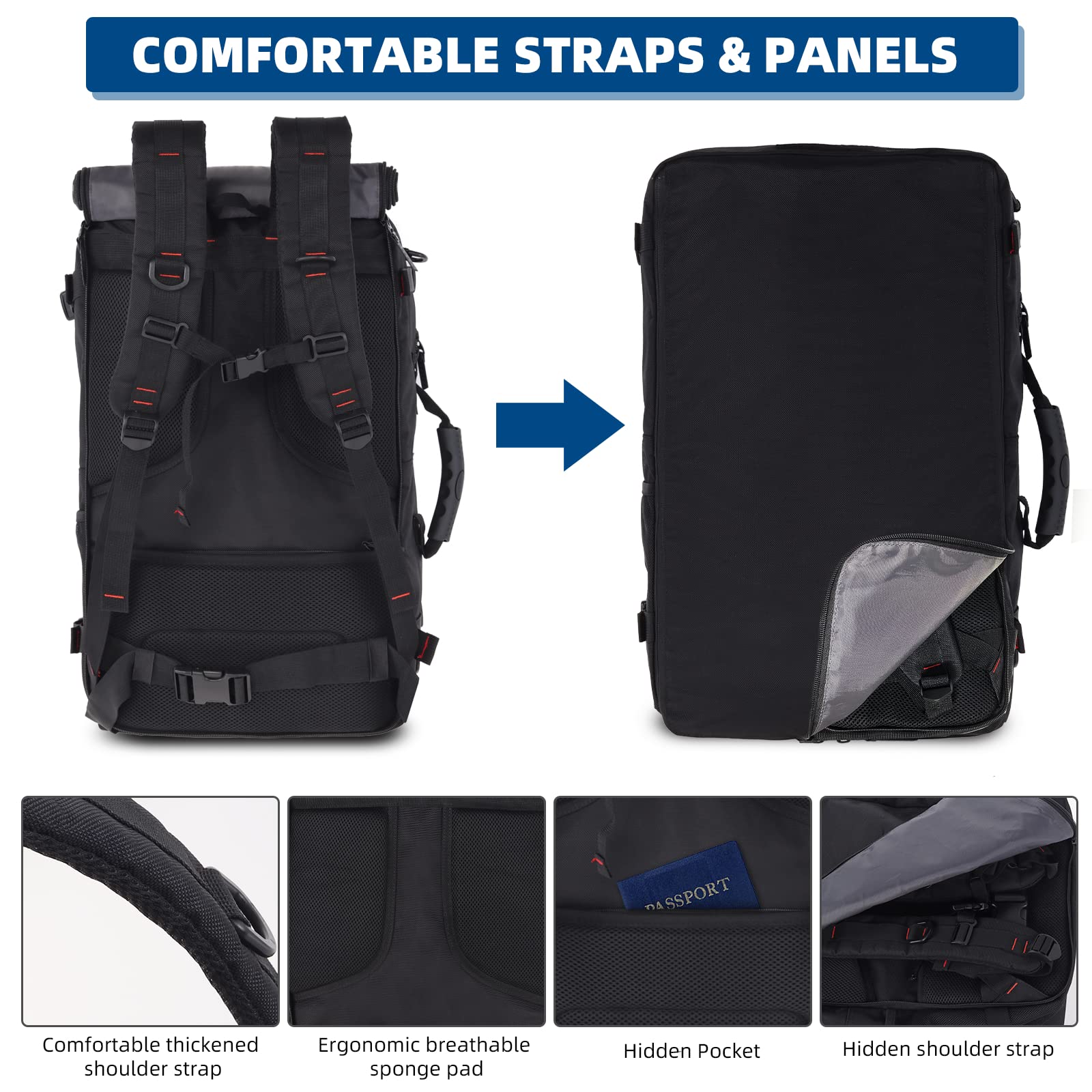 Large Carry-On Travel Backpack for Men - Waterproof Tactical Laptop Backpack with Hard Shell | Airplane Approved Business & Hiking Backpack for Travel, Camping, Daily Commute & Outdoor Adventures (Black)