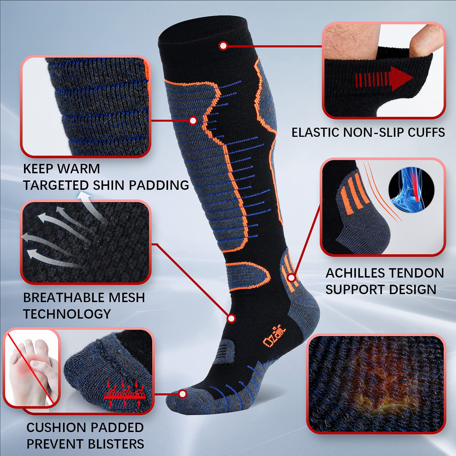 Merino Wool Ski Socks for Men & Women - 2 Pairs Warm Thermal Performance Socks for Skiing & Snowboarding
