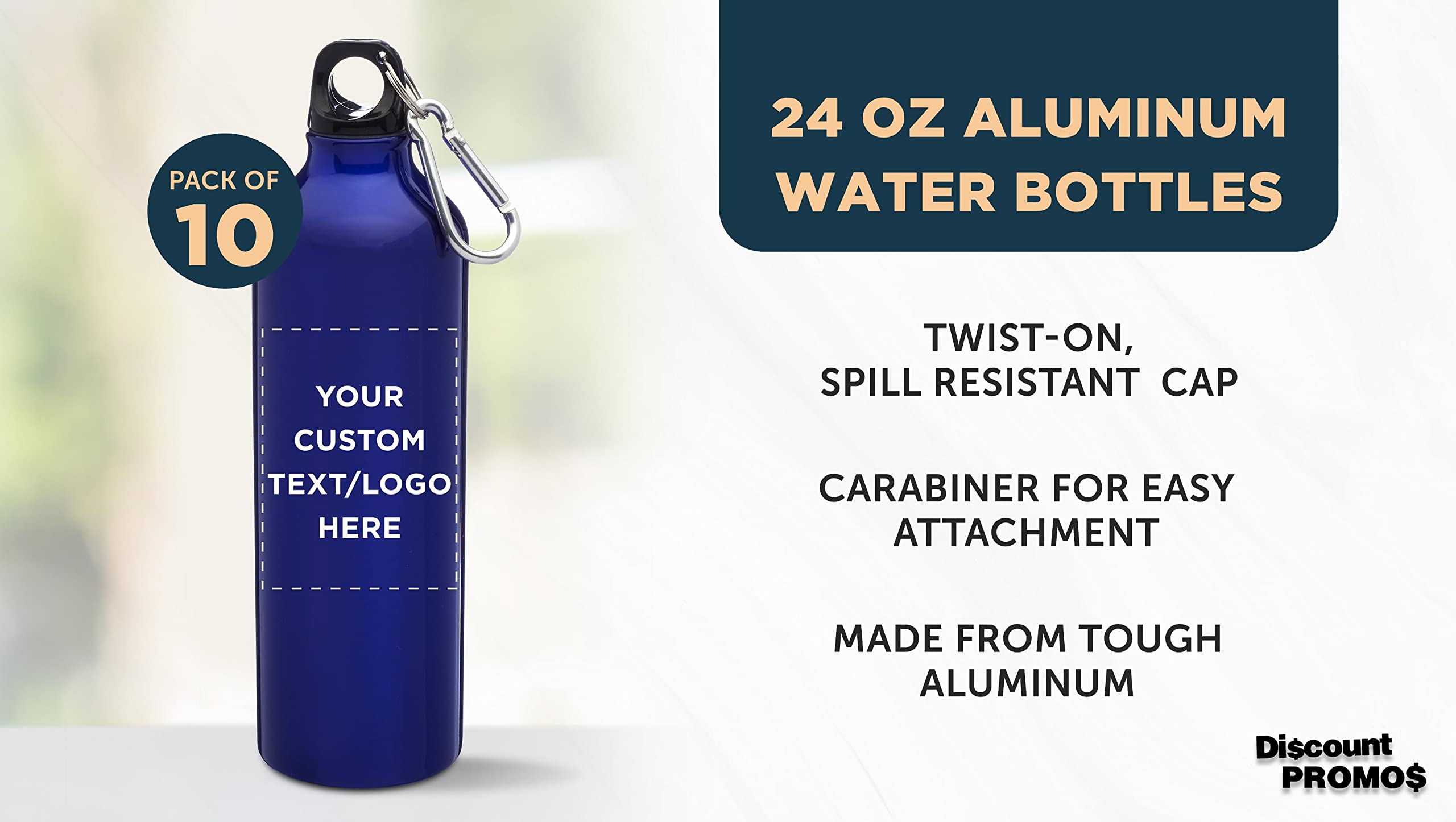 Custom 24 oz Aluminum Water Bottles with Carabiner - Bulk Pack of 10 Personalized Sport Bottles - Leakproof & Durable for Gym, Hiking, Camping, Running, Cycling - Perfect Gift for Outdoor Enthusiasts - Met Blue
