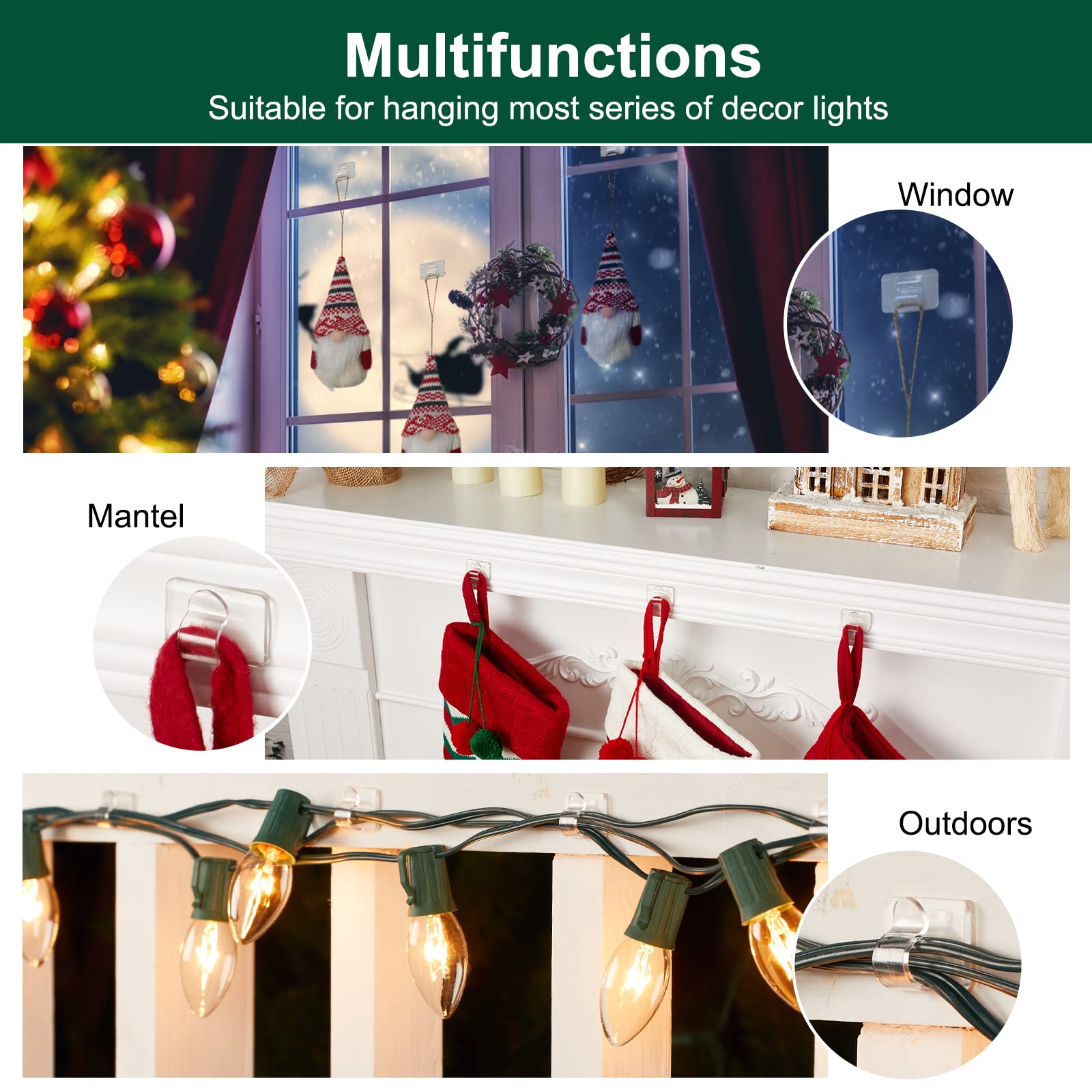 Brightown Clear Christmas Light Clips - 50 Pack with 60 Stickers, Strong Adhesive UV-Resistant Cable Clips for Indoor & Outdoor String Lights - Perfect for Holiday Decorations, Party Lights, and Garden Lighting