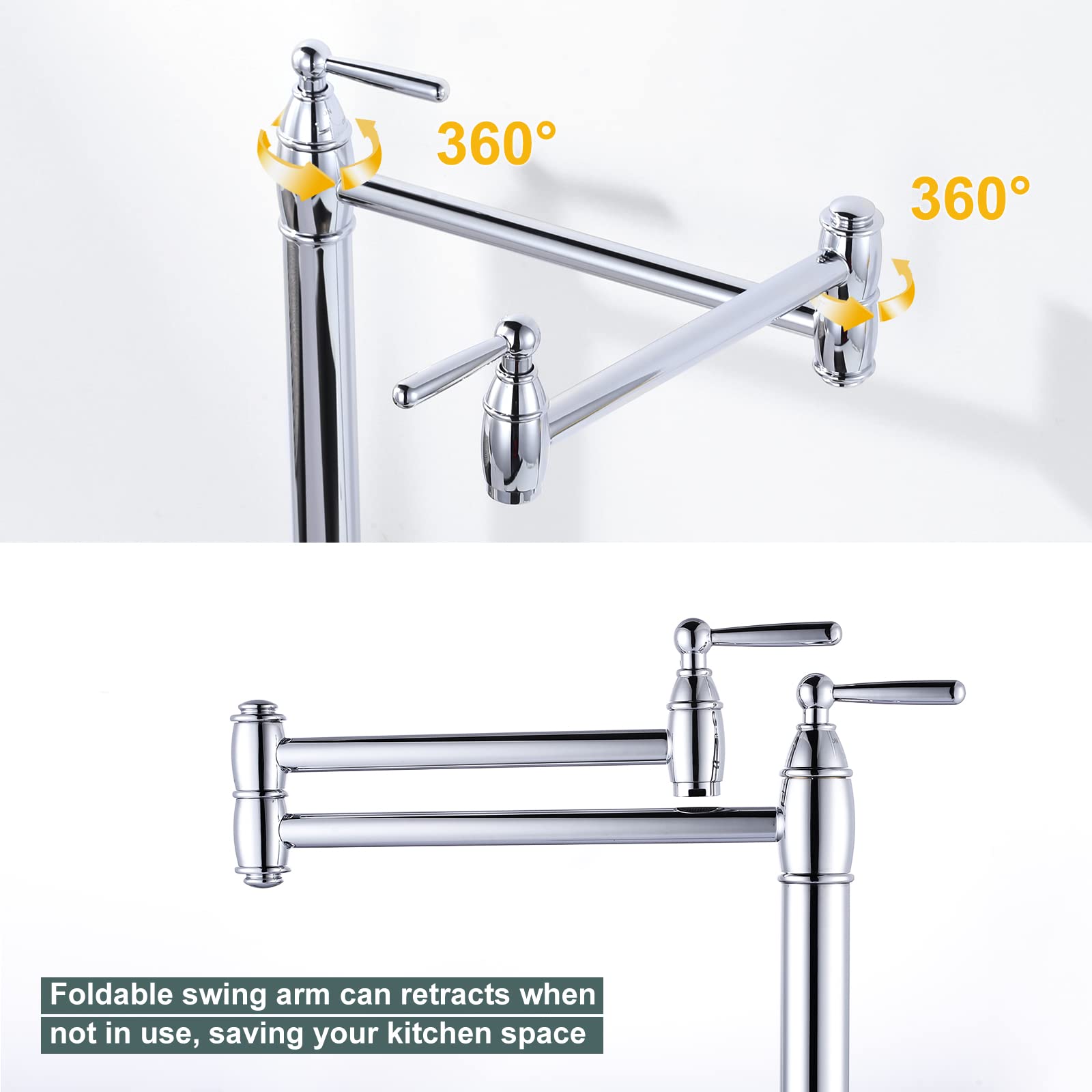 ARCORA Solid Brass Deck Mount Pot Filler Faucet - Chrome Stove Faucet with Adjustable Double Joint Swing Arms - Perfect for Kitchen Sink, Gas Range & Cooking Station