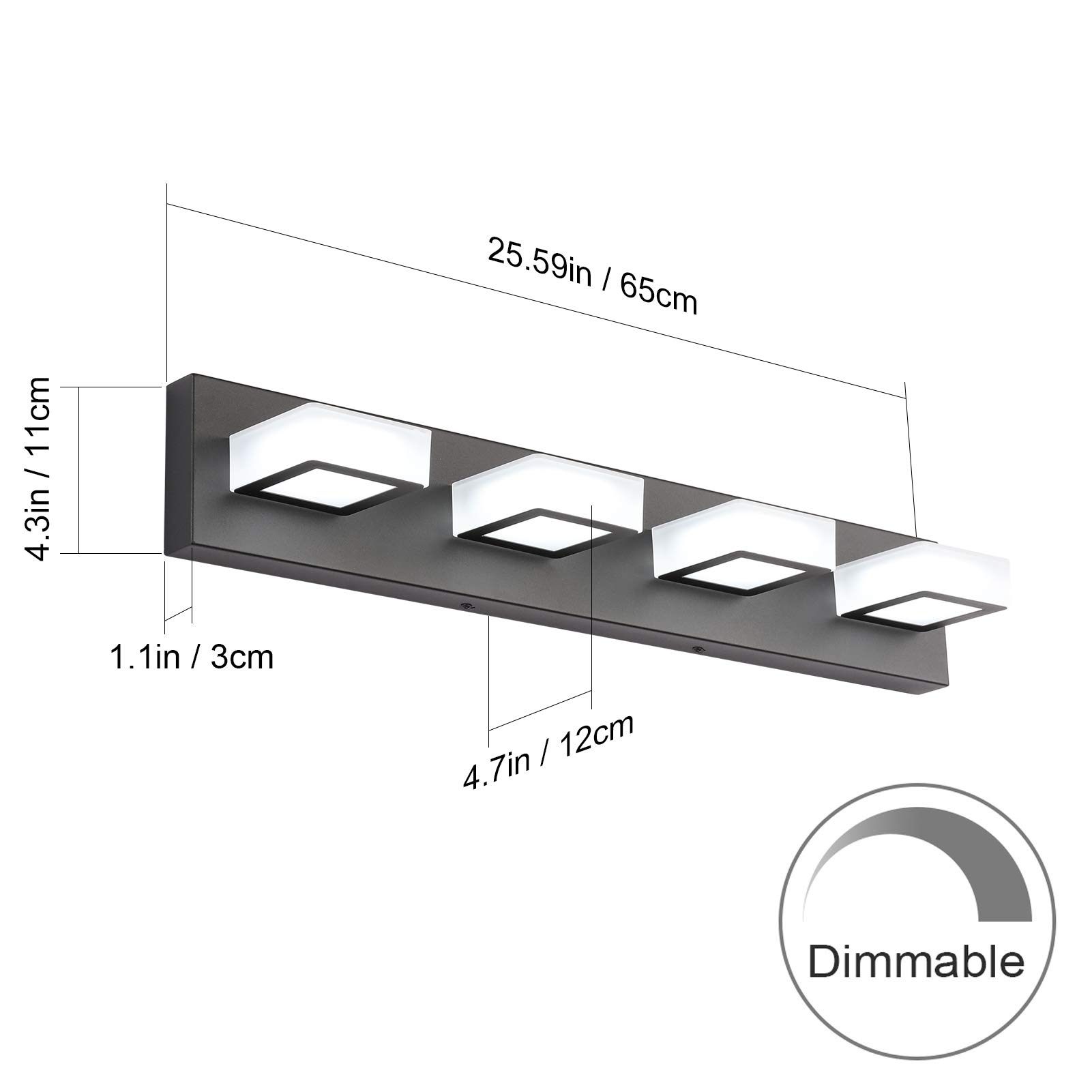 Ralbay Black Dimmable 4-Light LED Vanity Light - Modern Stainless Steel & Acrylic 360° Rotatable Bathroom Lighting Fixture for Mirror - Perfect for Powder Rooms, Master Baths & Spa-Like Vanity Areas