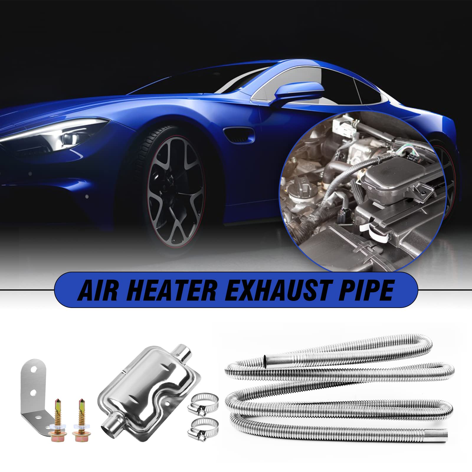 Diesel Heater Exhaust Pipe Kit - 200cm Stainless Steel with Muffler & Clamps, 1