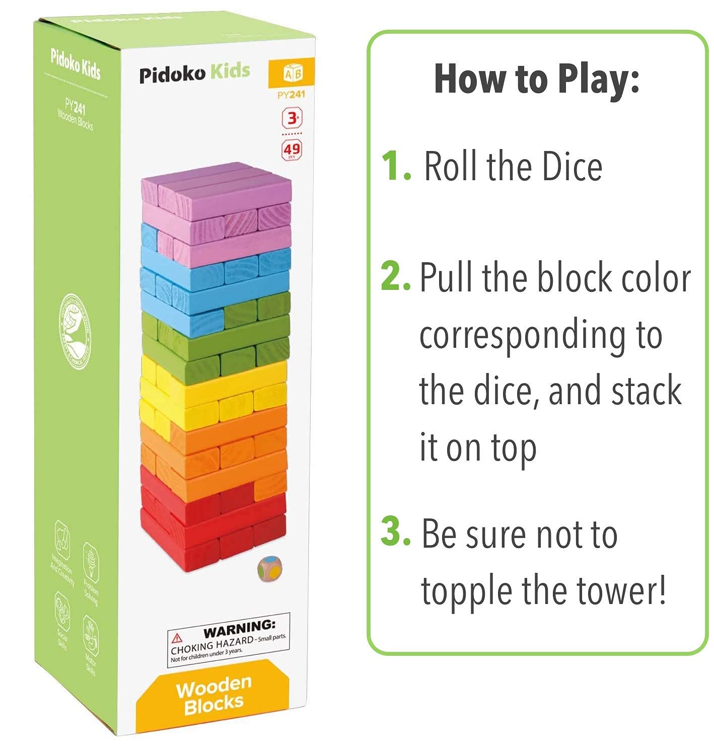 Pidoko Wooden Stacking Blocks (49 Pcs) - Montessori Toys for Kids & Family Game Night - Storage Bag Included