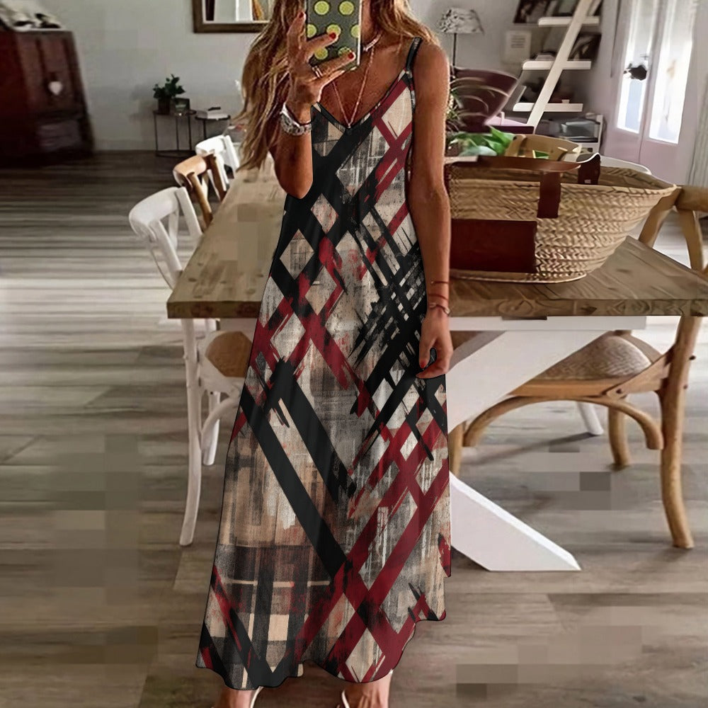 Vintage Distressed Plaid Sling Ankle-Length Dress for Women - Boho Chic Long Dress for Casual Outings, Date Nights & Fall Fashion