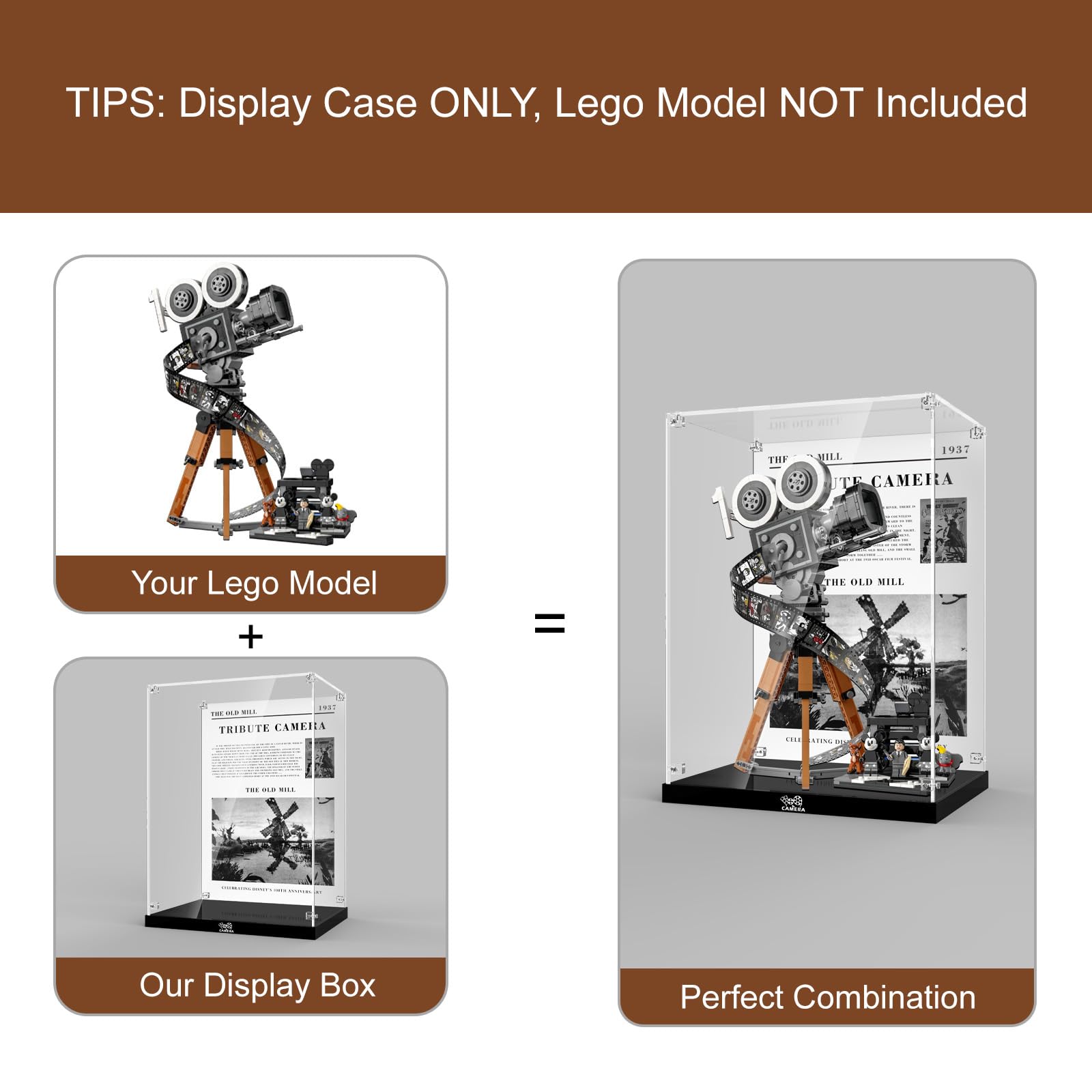 Clear Acrylic Display Case for LEGO Disney Walt Disney Tribute Camera 43230 Building Set - Dustproof Protection Box with Base & HD Painted Background (Model Not Included) | Perfect for Collectors, Home Decor, and Gift Display
