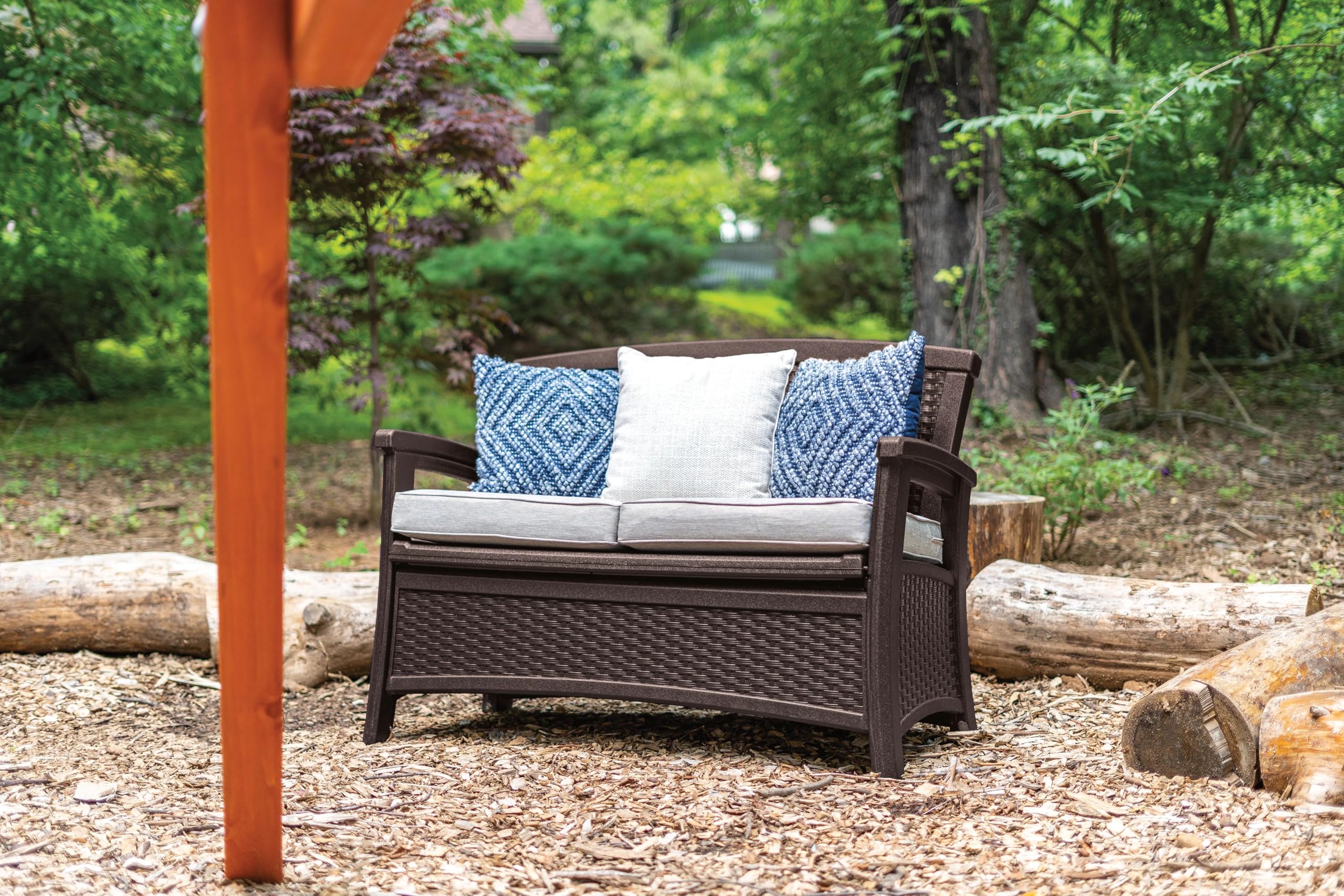 Suncast 23-Gallon Storage Wicker Love Seat - All-Weather Outdoor Furniture with Ergonomic Back Support for Patio, Deck & Garden - Perfect for Couples Relaxing in Backyard or Poolside