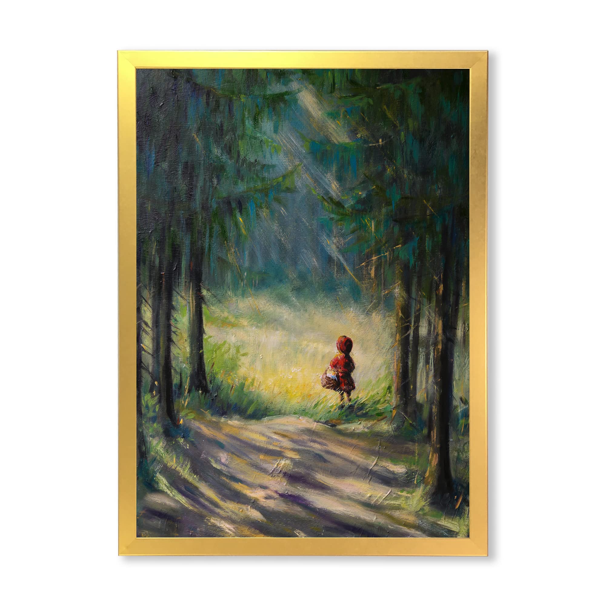 DesignQ Little Red Riding Hood In The Woods Traditional Framed Wall Art - Vintage Fairy Tale Nursery Decor, Kids Room Painting, Bedroom Wall Hanging - Perfect for Storybook Themed Children's Rooms & Classic Home Decor