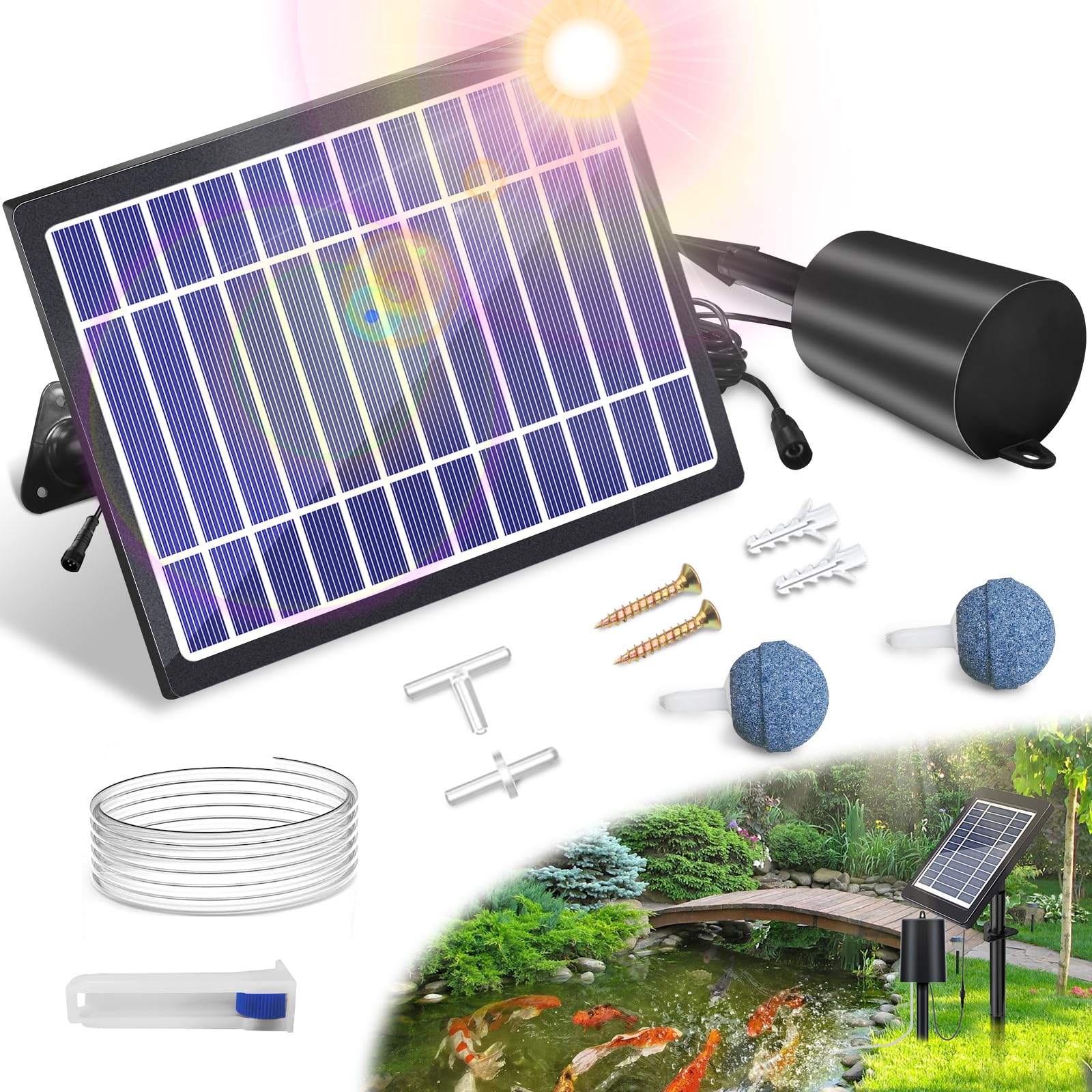 Solar Powered Pond Aerator Pump - 3 Timer Modes (18H/36H/72H) & Bubble Regulator - 4W 2200mAh Outdoor Oxygenator for Small Fish Ponds, Stock Tanks, Aquariums & Hydroponics - Perfect for Garden Water Features & Backyard Ponds