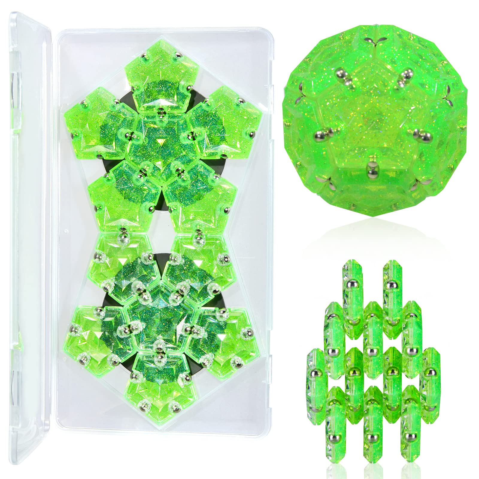 Holographic Glitter Magnetic Fidget Sphere - 12pc Sensory Magnet Toys Set for Adults - Stress Relief Desk Toy for Office, Home & Travel - Bright Green Creative Fidgeting Gadget