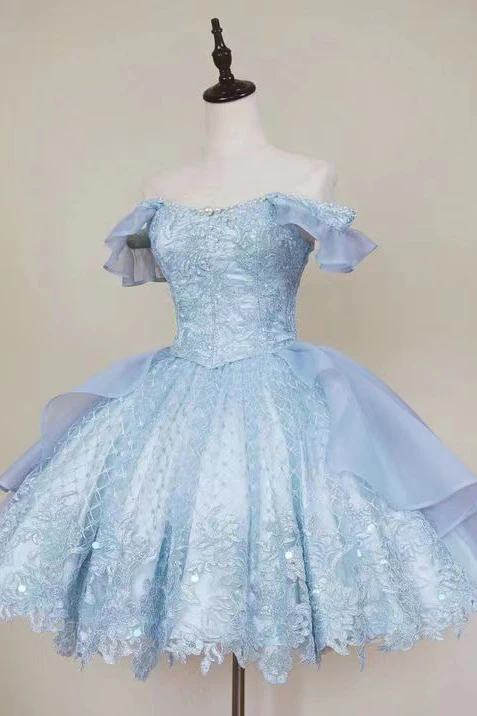 Off The Shoulder Lace Applique Short Homecoming Dress - Elegant Prom Birthday Party Dress J4037 for Women | Perfect for Dances, Weddings & Special Occasions