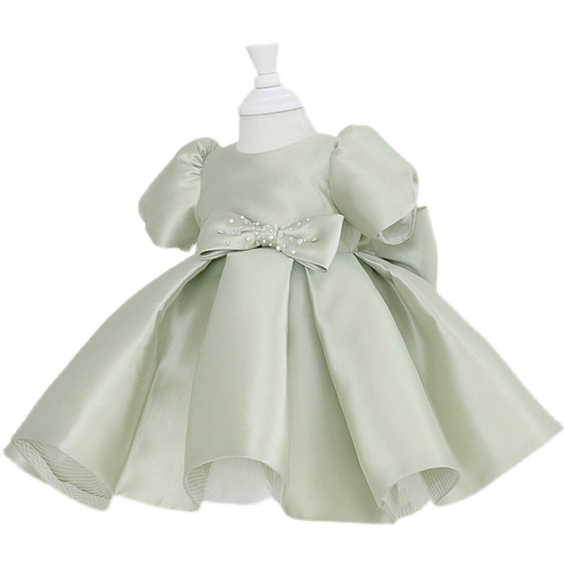 Baby Girl Birthday Party Dress - Toddler Round Neck Puff Sleeves Beaded Princess Gown for Special Occasions | Perfect for 1st Birthday, Photoshoots & Holiday Celebrations