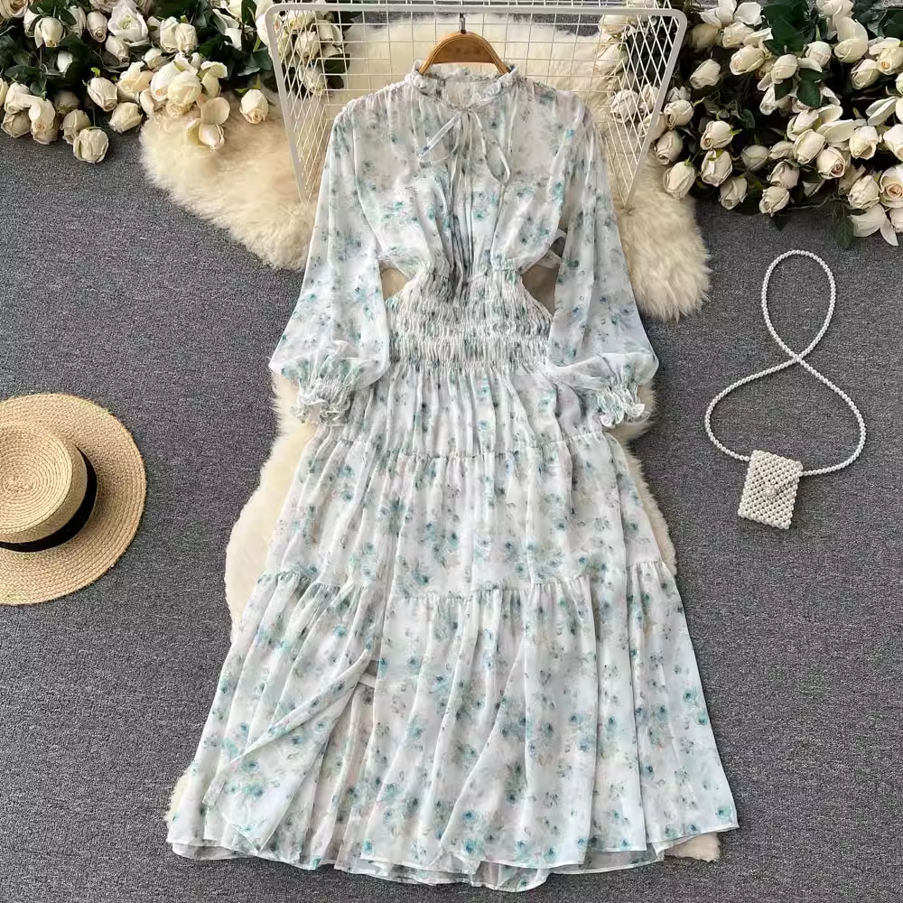 Elegant Long Sleeve Chiffon Floral Dress for Women - Spring & Autumn Fashion - Perfect for Office, Party & Date Night