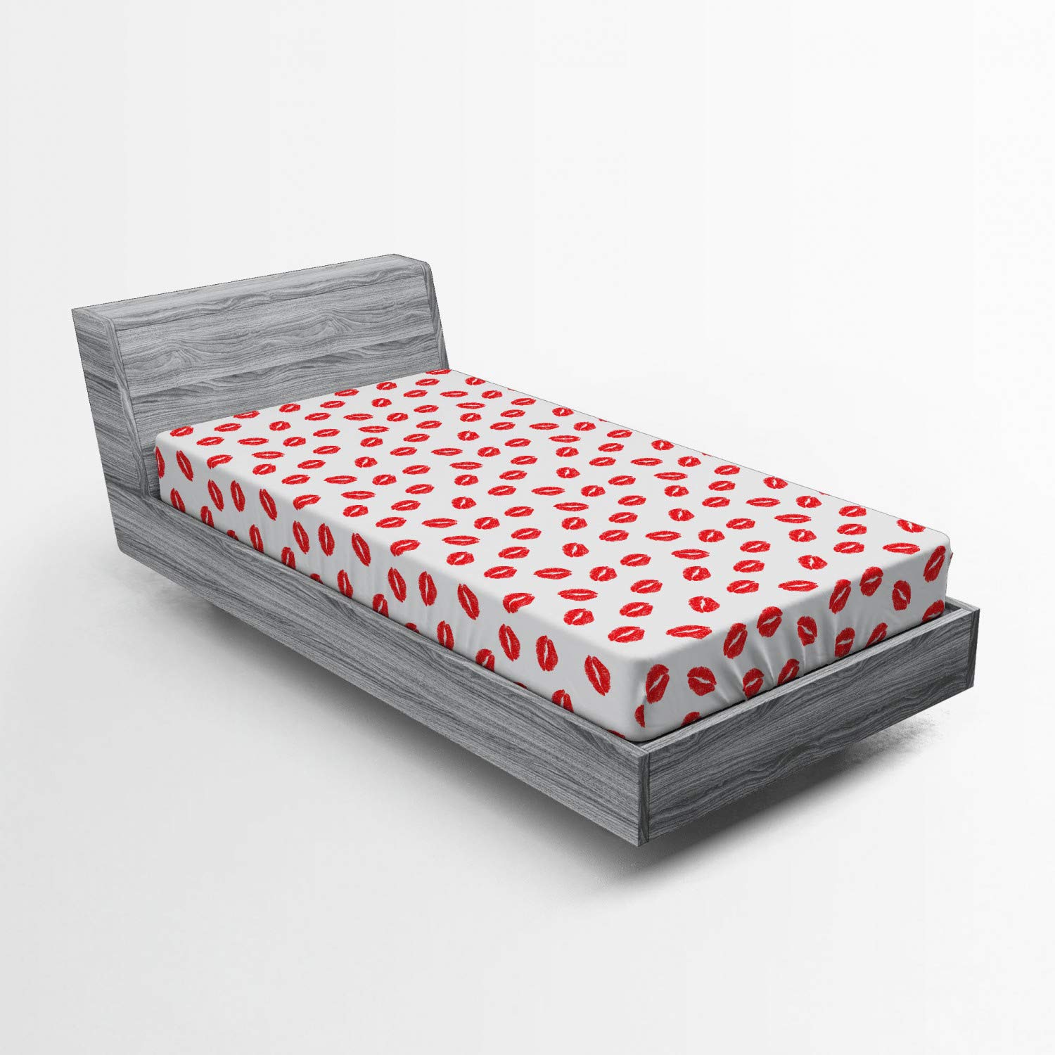 Ambesonne Lips Fitted Sheet - Romantic Kisses Print on White Background - Twin XL Size Deep Pocket Bed Sheet with All-Around Elastic - Perfect for Valentine's Day, Anniversary Gifts & Romantic Bedroom Decor