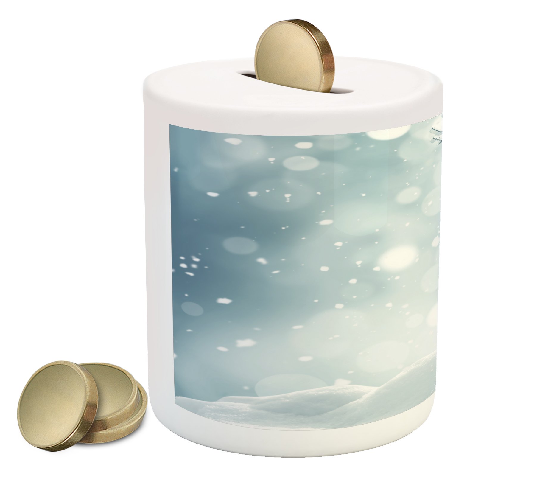 Ambesonne Ceramic Piggy Bank with Winter Christmas Design - Snowflakes, Frosted Tree & Slate Blue White Illustration - Money Box for Cash Saving - Perfect Holiday Gift for Kids & Adults