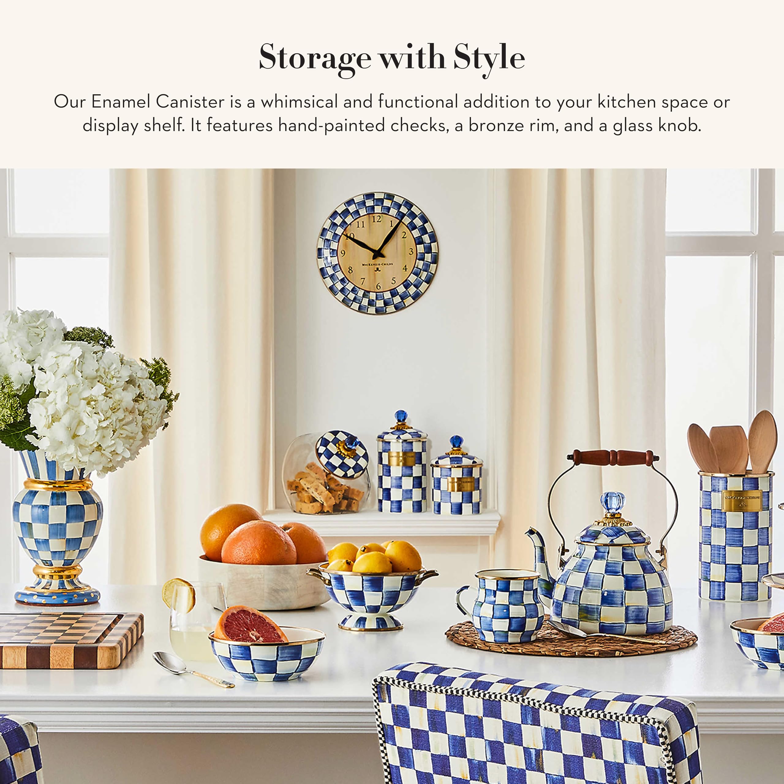 MACKENZIE-CHILDS Large Enamel Canister - 1.89L Kitchen Storage Container for Flour, Sugar & Dry Goods - Blue & White Royal Check Design - Perfect for Pantry Organization & Farmhouse Decor