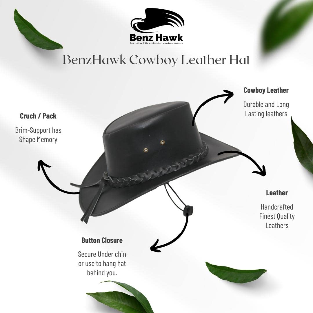 Handmade Shapeable Cowboy Leather Hat for Men - Western Style Adjustable Brim Hat for Rodeo, Country Music Festivals & Outdoor Adventures