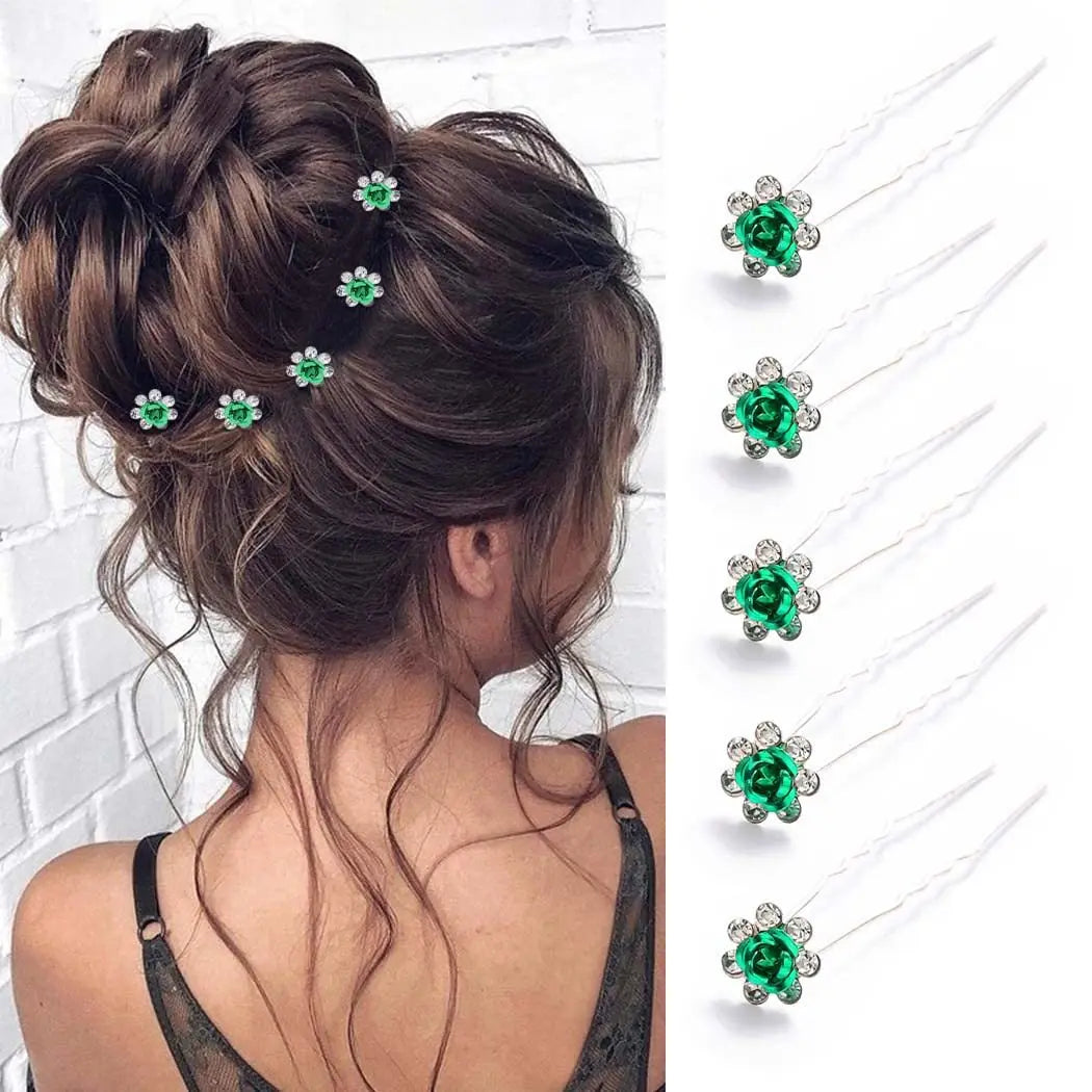 5pcs Green Crystal Pearl U-Shaped Hair Clips for Women - Wedding Bridal Hair Accessories, Barrettes & Hairpins - Perfect for Parties, Proms & Special Occasions