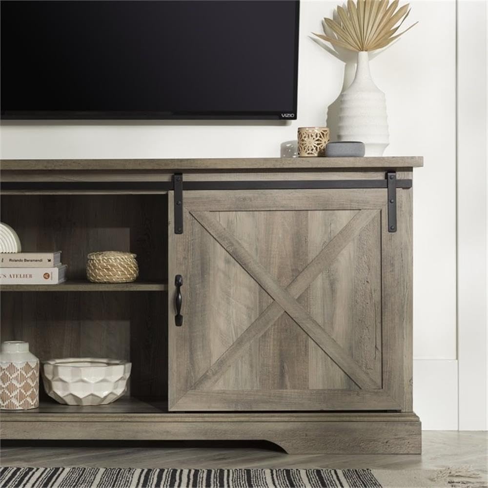 Walker Edison Corbin Modern Farmhouse Sliding X Barn Door TV Stand for 70-80 Inch TVs, Grey Wash - Perfect for Living Room, Bedroom & Home Theater Entertainment Centers