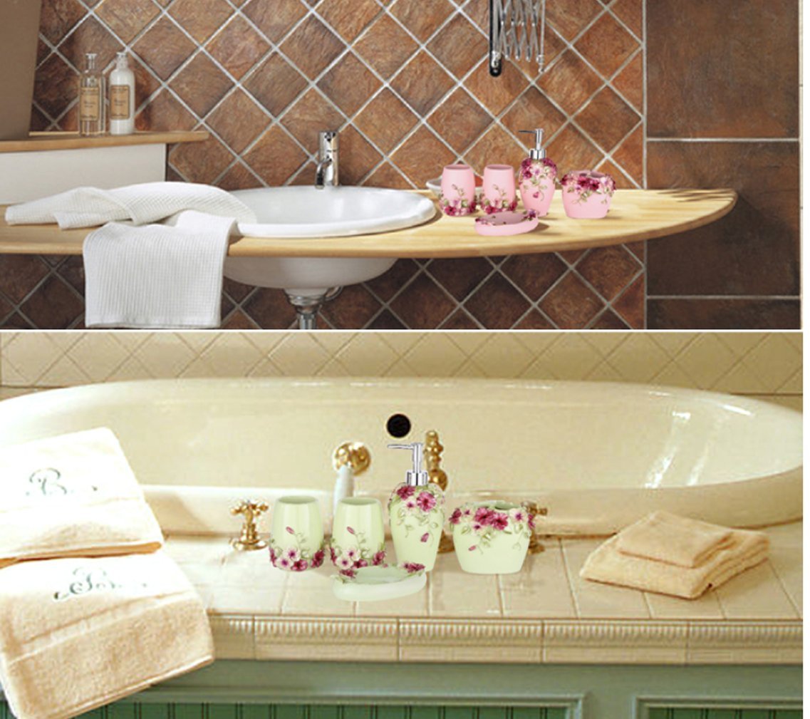 3D Floral Resin Bathroom Accessories Set - 5 Piece Soap Dispenser, Toothbrush Holder, Tumbler & Soap Dish in Pink - Country Style Decor for Bathroom, Vanity, Guest Room & Spa
