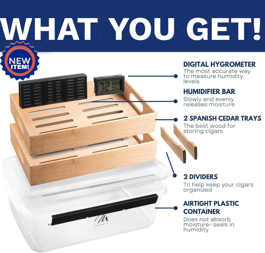 Premium Plastic Cigar Tupperdor Humidor - 2 Spanish Cedar Trays, Digital Hygrometer & Humidifier Included | Airtight Cigar Storage Container for Home, Office, Travel & Aging Cigars