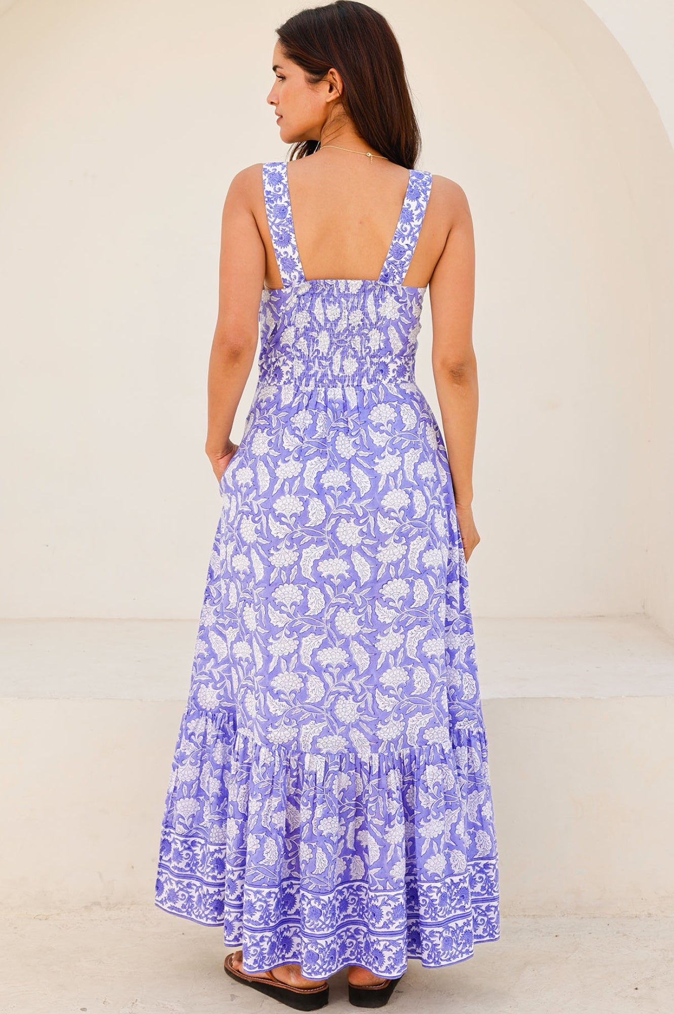 Aurelia Organic Cotton Block Print Dress - Iris Blue & White | Boho Chic Summer Dress for Women | Perfect for Beach, Vacation & Casual Outings