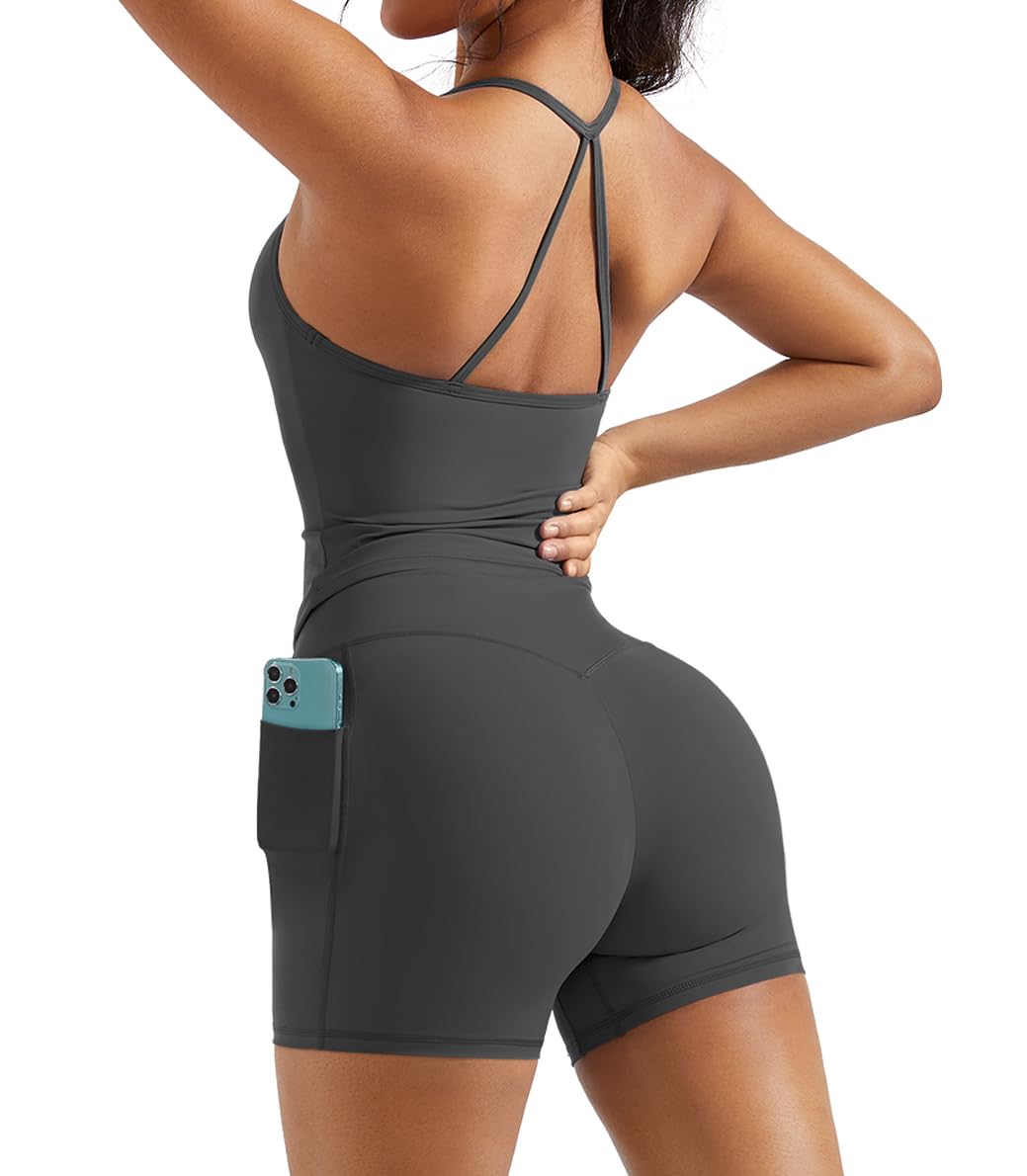 OMKAGI Women's 2-Piece Workout Set - Padded Sports Bra & High-Waisted Gym Shorts with Pockets | Yoga, Running, Fitness & Lounge Wear