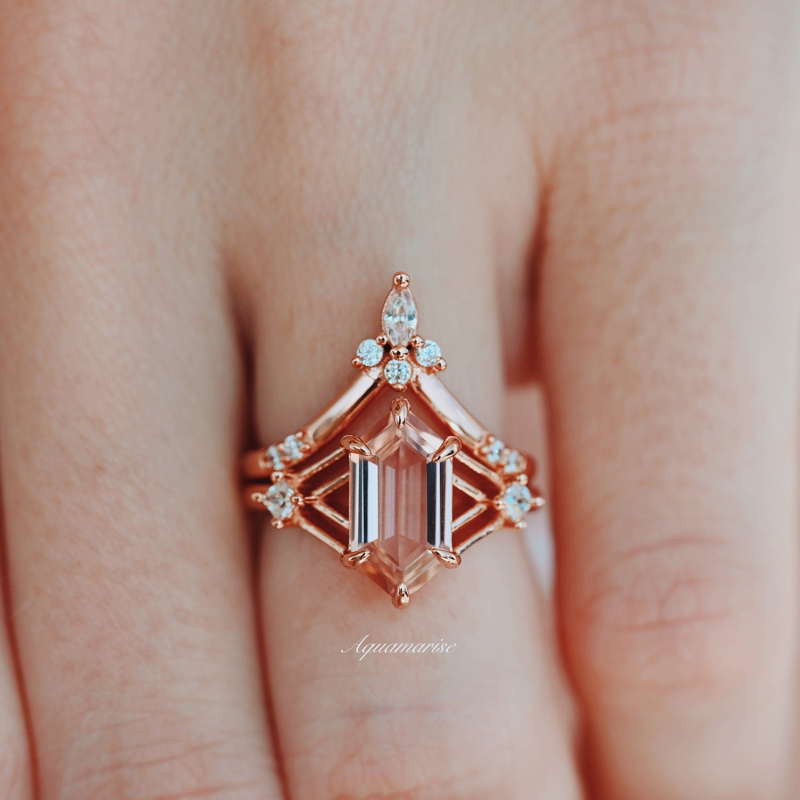 Celtic Hexagon Morganite Ring Set - 14K Rose Gold Vermeil Engagement & Wedding Jewelry for Women - Perfect for Bridal, Anniversary & Romantic Gifts