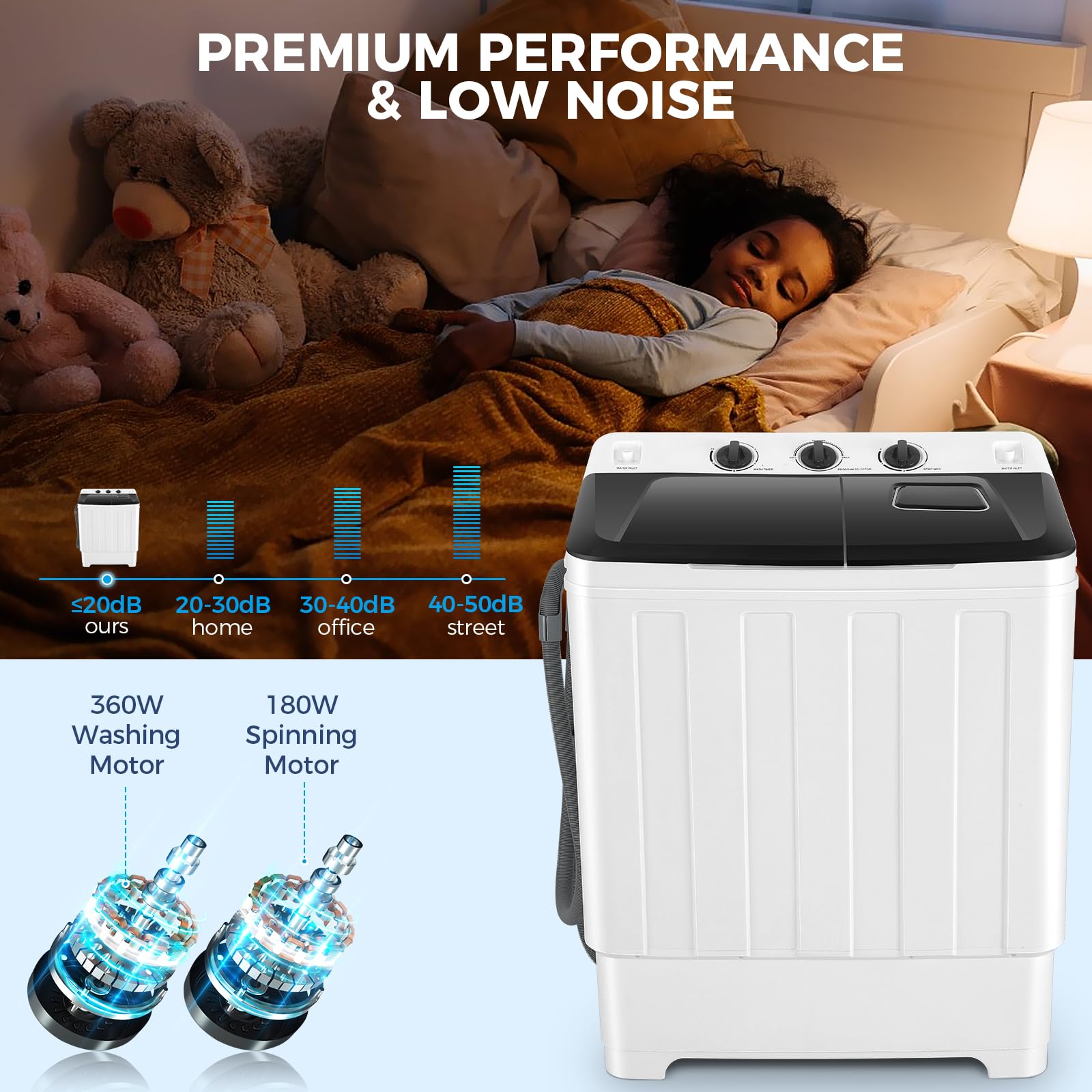 30Lbs Capacity Portable Twin Tub Washing Machine with Built-in Drain Pump - Compact Washer & Spin Dryer Combo (19Lbs Wash + 11Lbs Spin) - Perfect for Apartments, Dorms, RVs & Small Spaces - Ideal for Travel, Camping & Off-Grid Living
