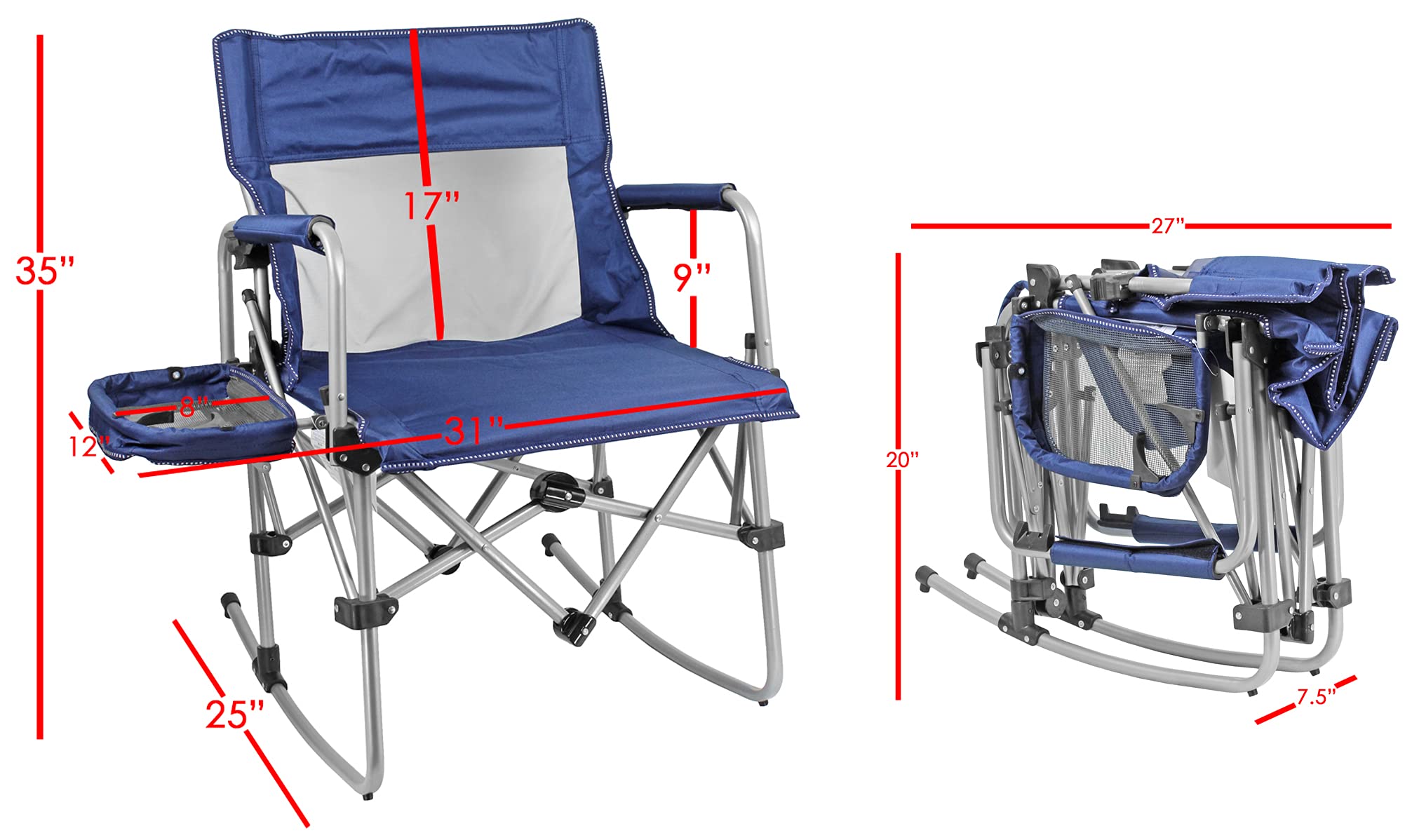 Zenithen Portable Outdoor Rocking Director's Folding Chair with Side Table - Lightweight Camping Chair for Sporting Events, Beach, Picnics & Backyard Relaxation (Navy Blue) | Perfect for Camping Trips, Tailgating, and Patio Lounging