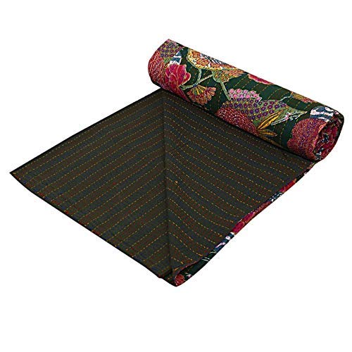 Handmade Indian Kantha Quilt - Floral Fruit Print Reversible Bedspread, Twin Size Throw Blanket for Bedroom Decor, Sofa Cover, or Bohemian Style Gift