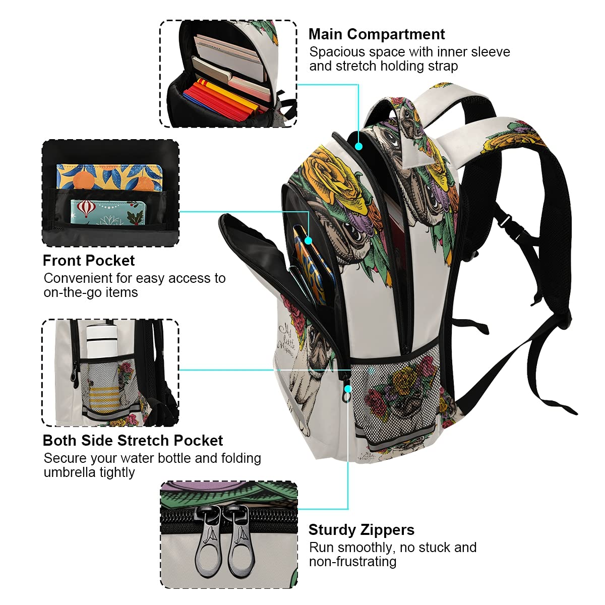 Hippie Pug Puppy with Rose Print Backpack - Cute School Bag for Girls, Boys & Teens - Lightweight Travel Backpack for College, Hiking & Daily Use