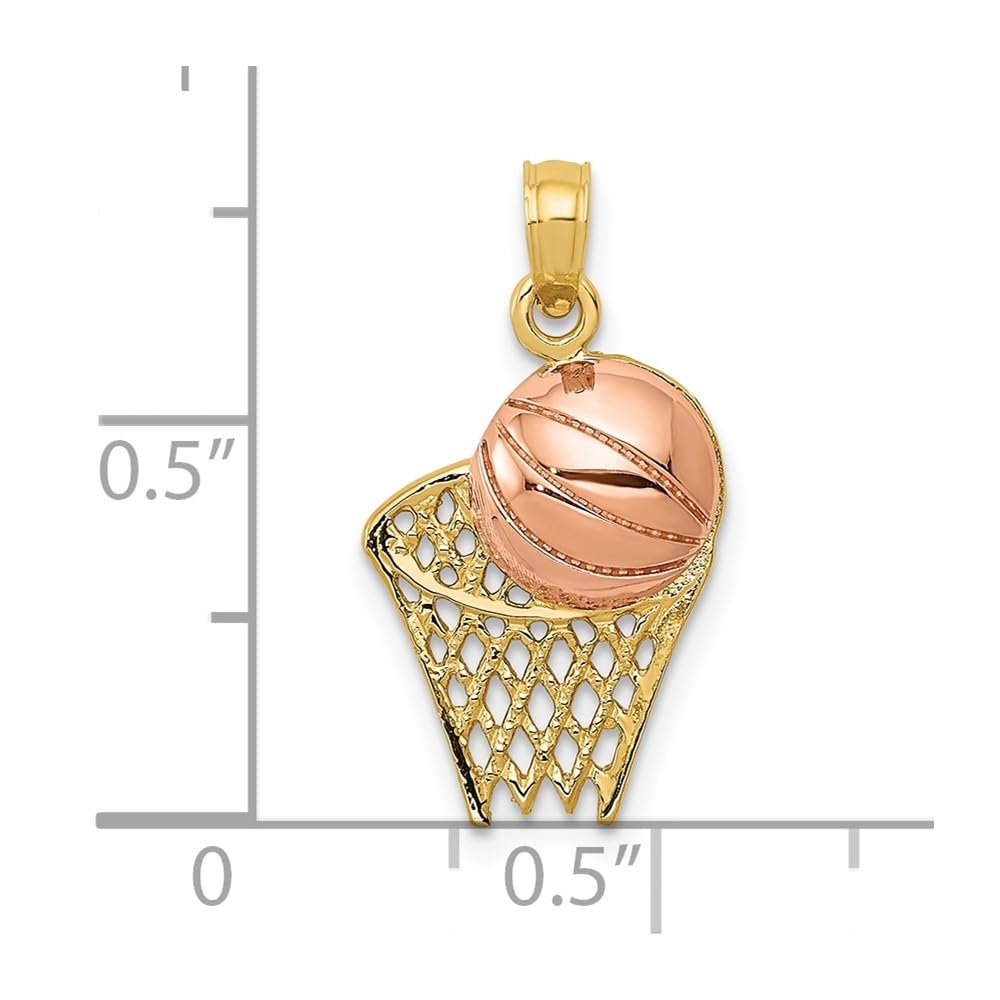 10K Two-Tone Gold Basketball Hoop Pendant with Ball Charm - 22mm Length, 11mm Width - Perfect for Sports Fans, Jewelry Lovers & Gift Giving