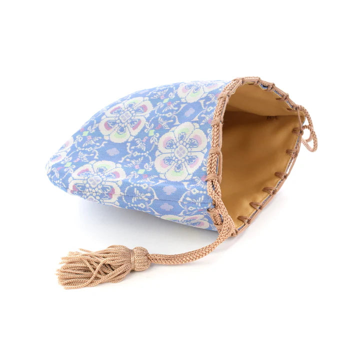 Nishijin Ori Small Drawstring Bag - Japanese Traditional Craft Purse | Kyoto Made Floral Bird Design in Pale Blue | Perfect for Gift, Cosmetics & Jewelry Storage