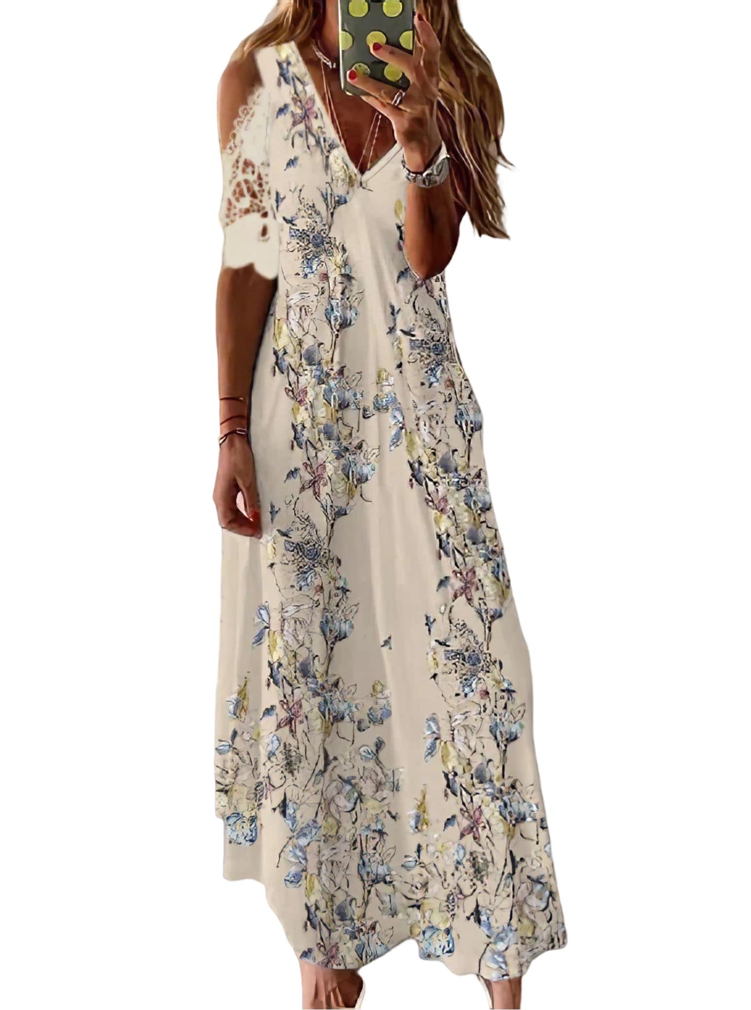 Elegant Women's Cold Shoulder V-Neck Butterfly Floral Maxi Dress with Lace Sleeves - Plus Size Long Summer Dress for Beach Vacation, Wedding Guest, Party & Evening Occasions